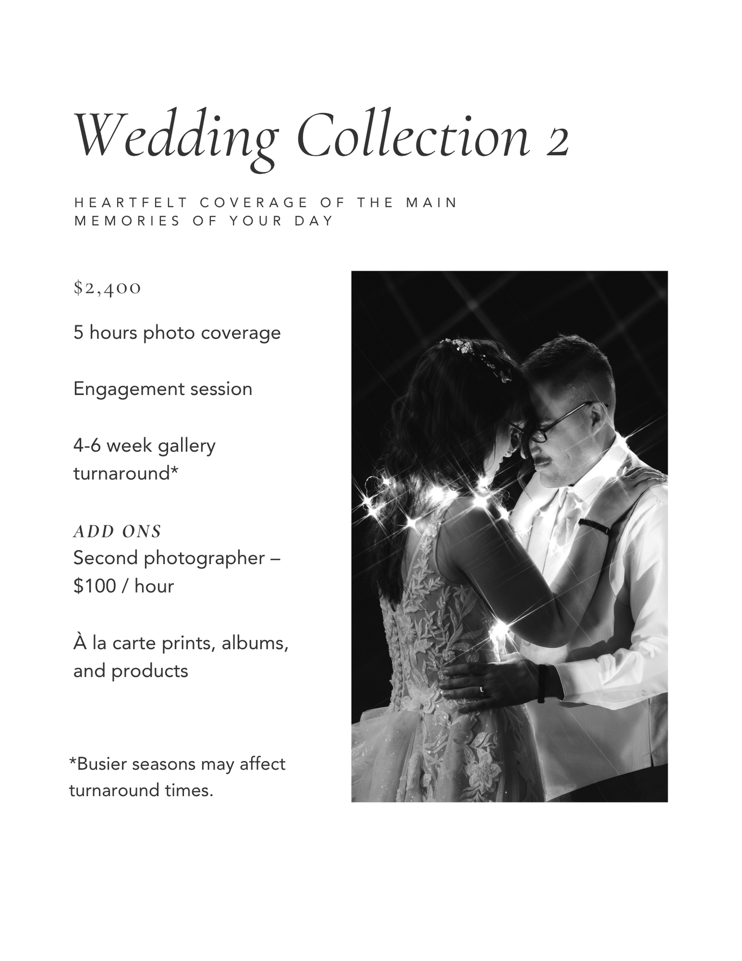 A wedding photography package pricing menu displays various service tiers and photo collections with sample images.