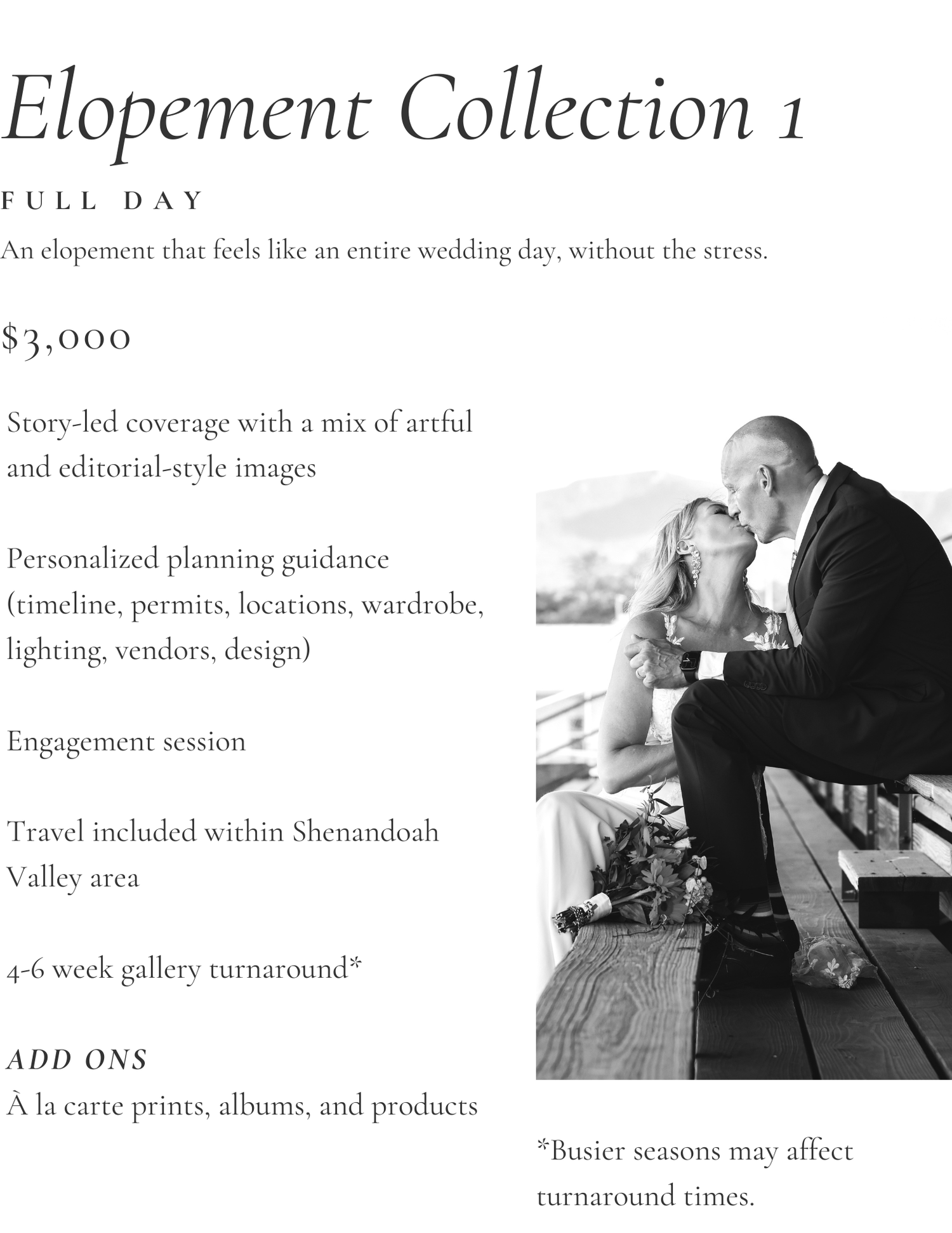 A wedding photography pricing menu shows elopement collection details and package costs with black and white images.
