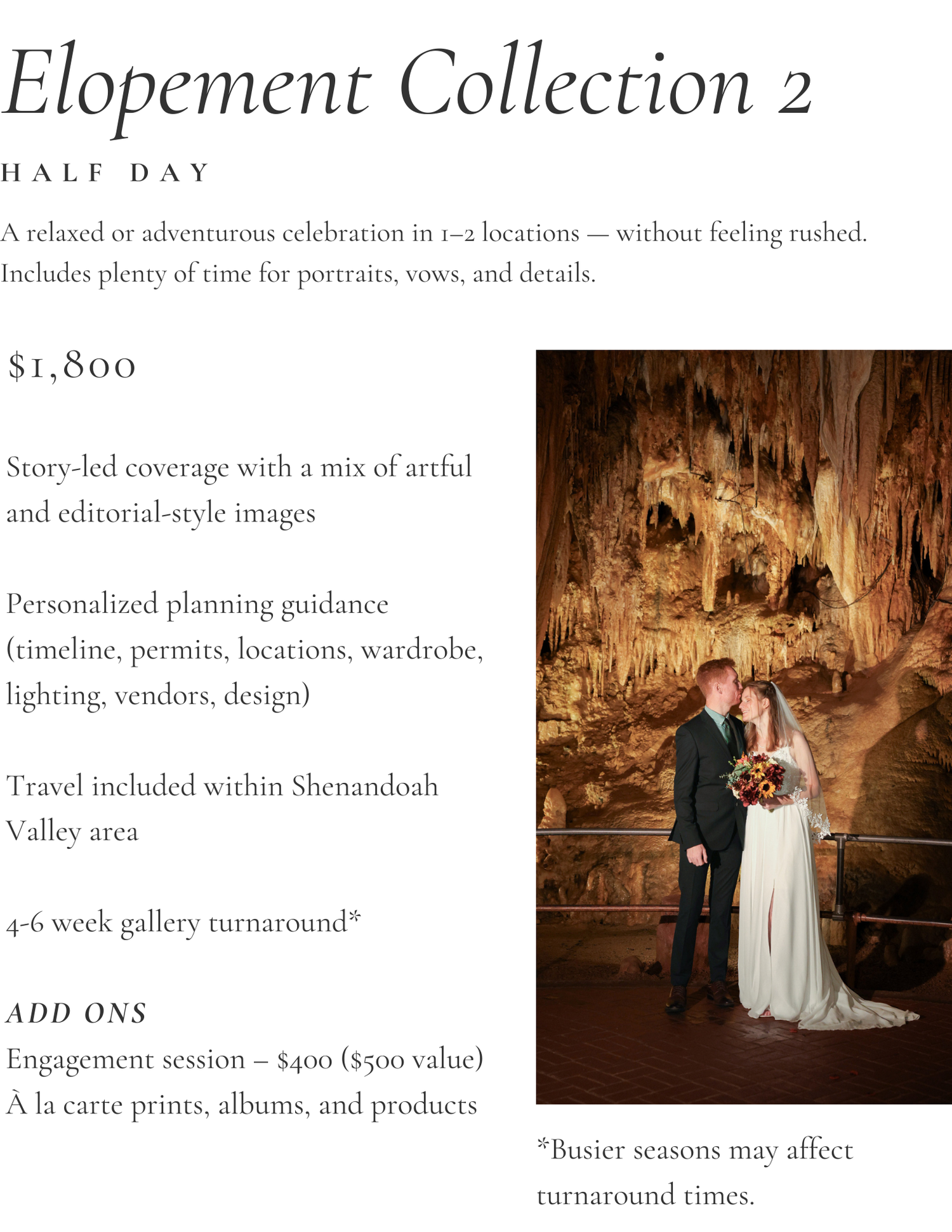A wedding couple stands in a dramatic cave setting with natural rock formations illuminated by soft lighting.