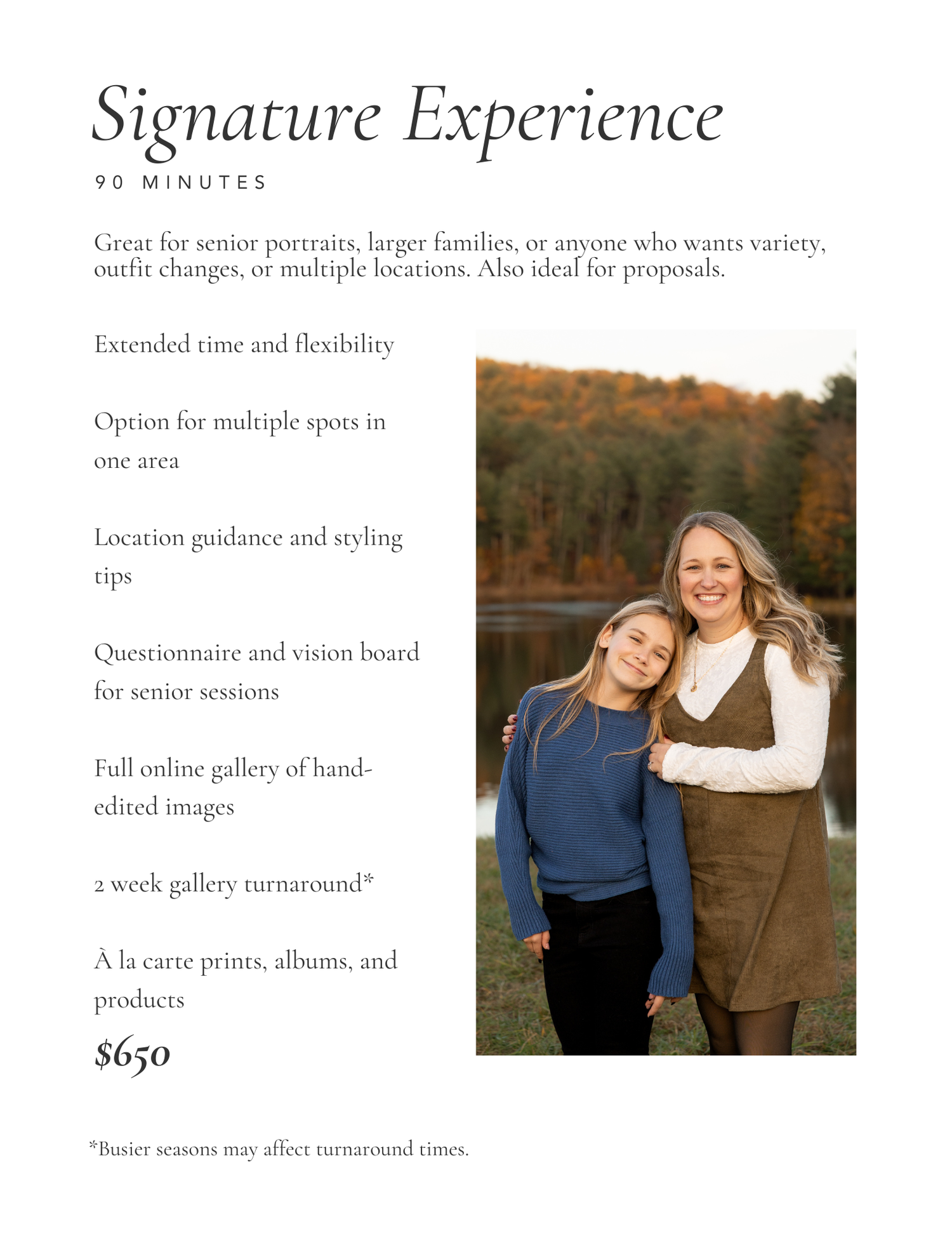 Photography pricing guide showing Signature Experience 90-minute session for $650.