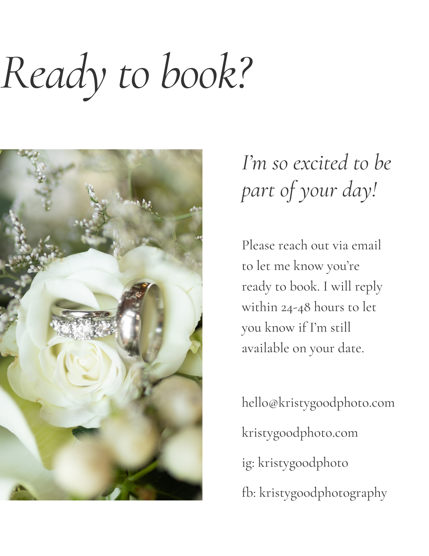 White roses and wedding photography booking information displayed on an elegant marketing template.