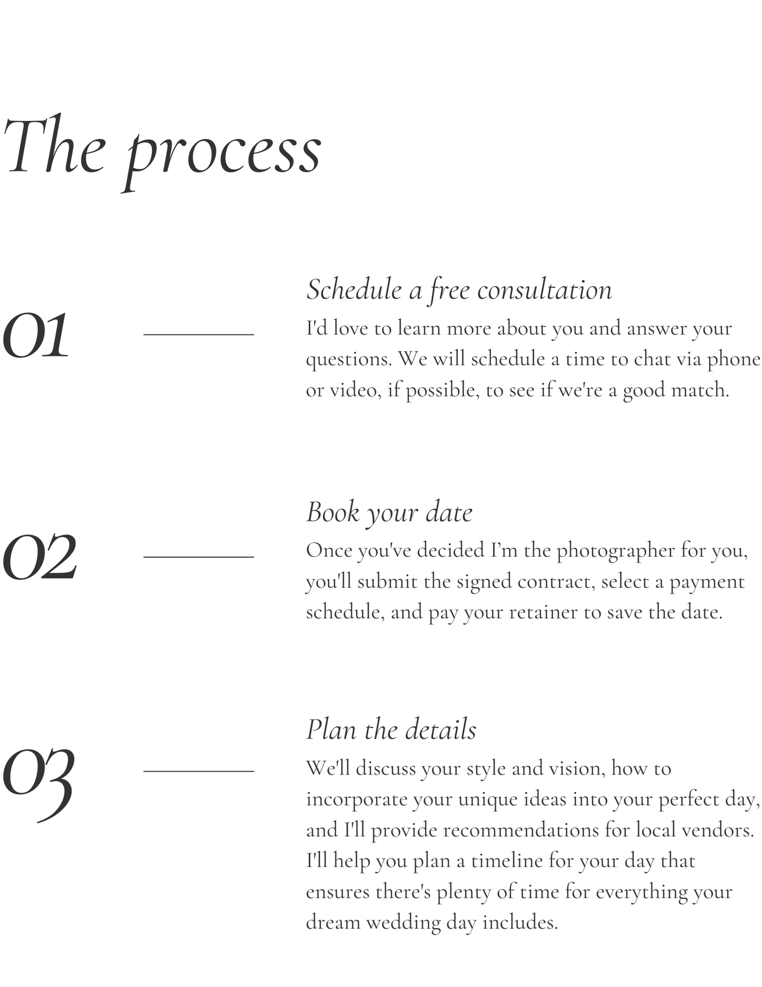 A clean and minimalist wedding planning process timeline showing numbered steps from 01 to 03 in elegant typography.