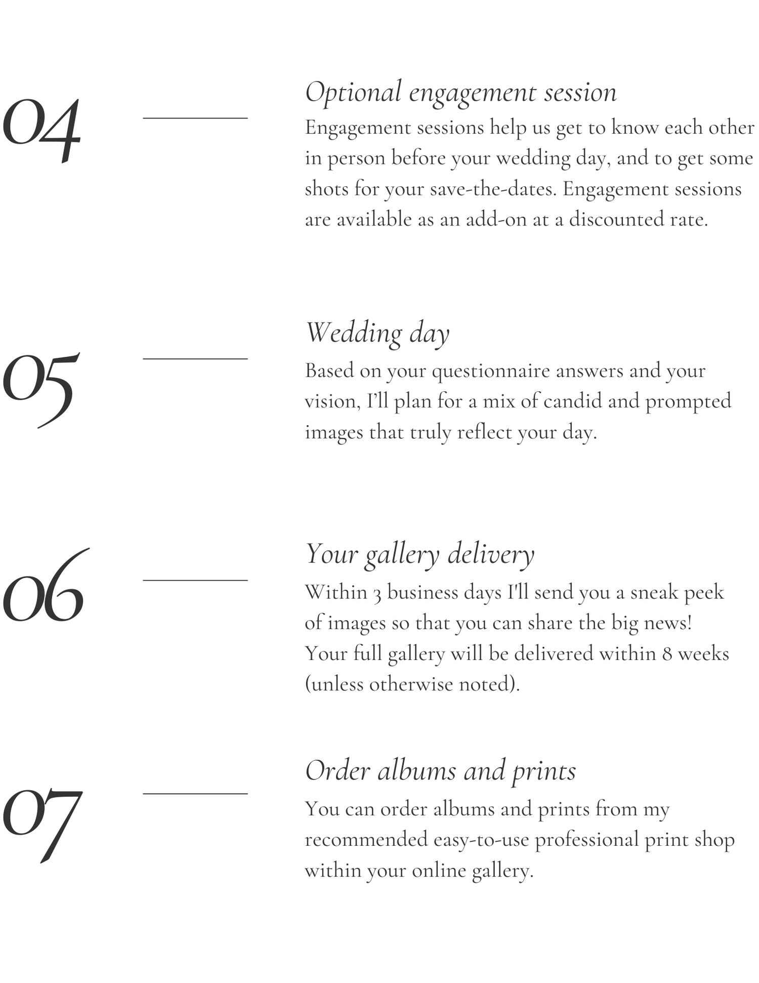 Wedding photography process guide showing steps 04-07 including engagement session, wedding day, gallery delivery, and album ordering.