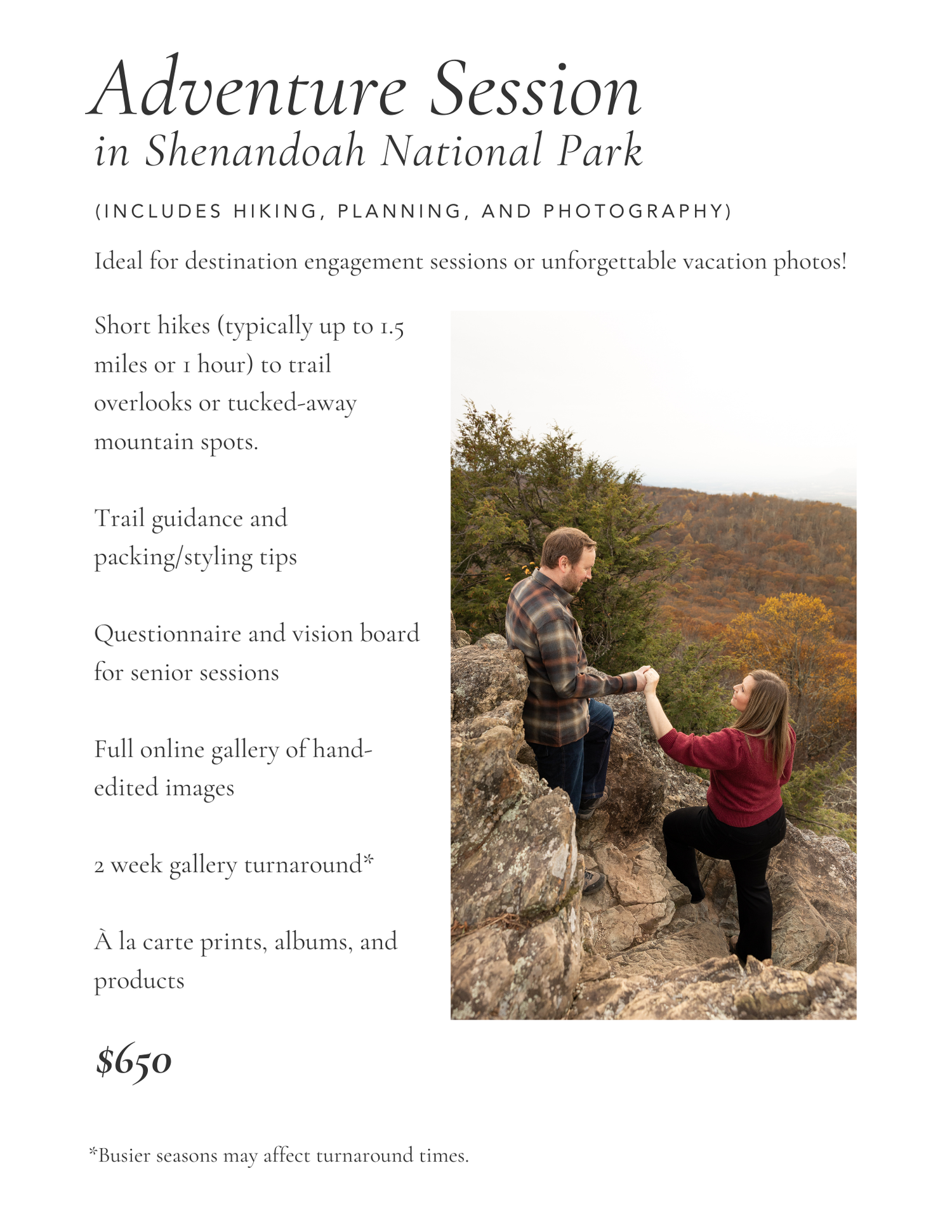 Couple posing on rocky mountain overlook in Shenandoah National Park during an adventure engagement photography session.