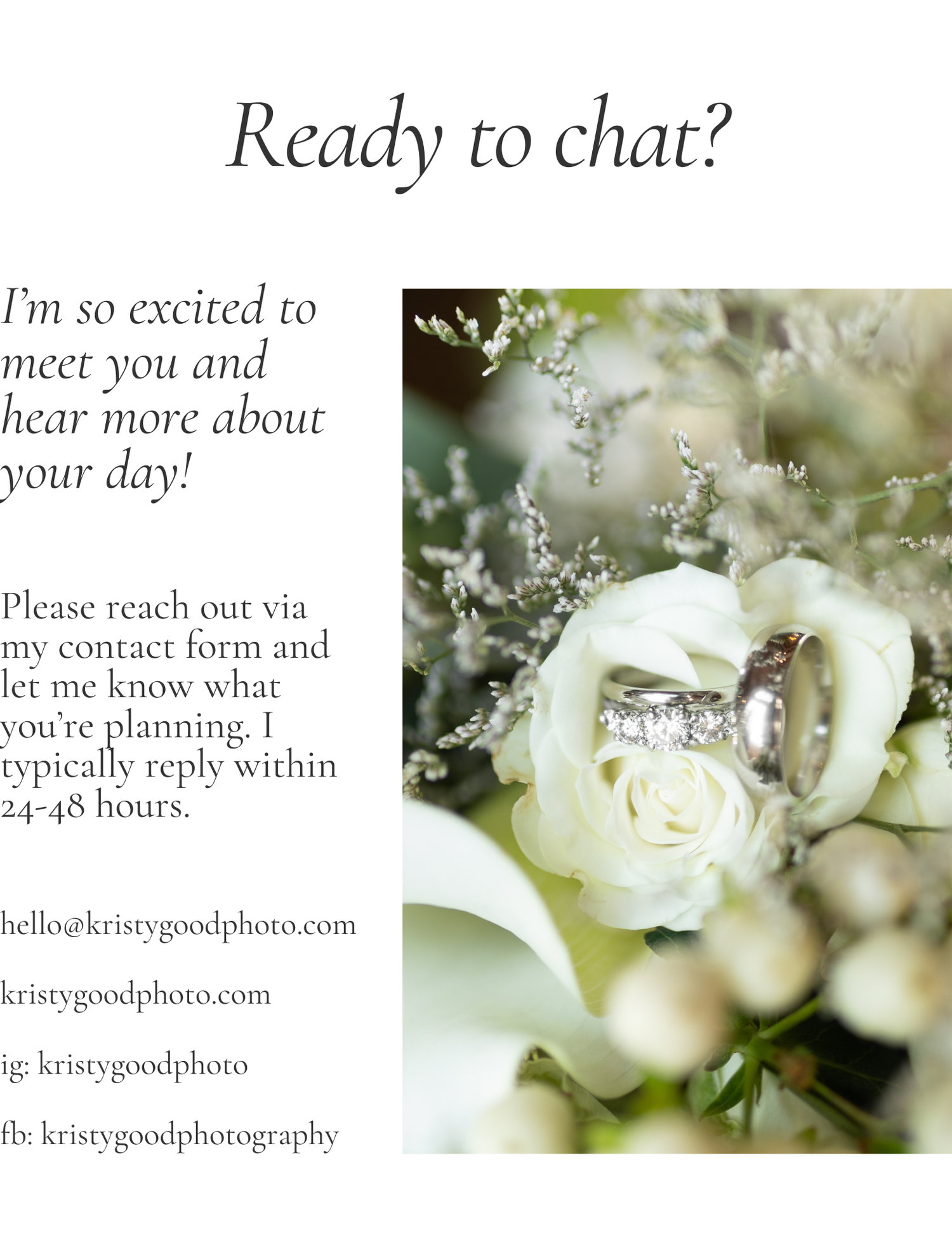 Wedding rings resting on a white rose bouquet with greenery, contact card for Kristy Good Photography.