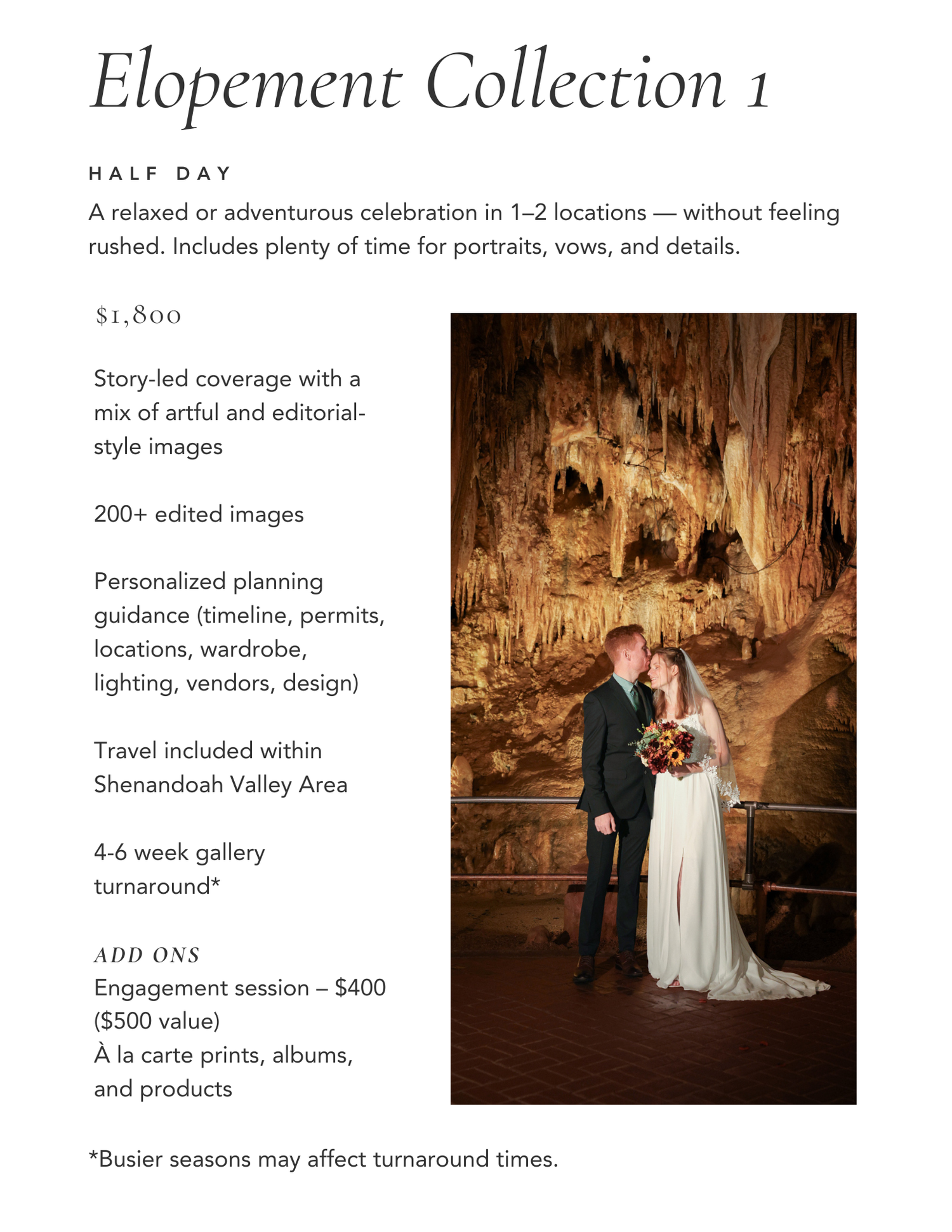 A couple stands in a romantic cave-like setting with dramatic lighting and stone formations in the background.
