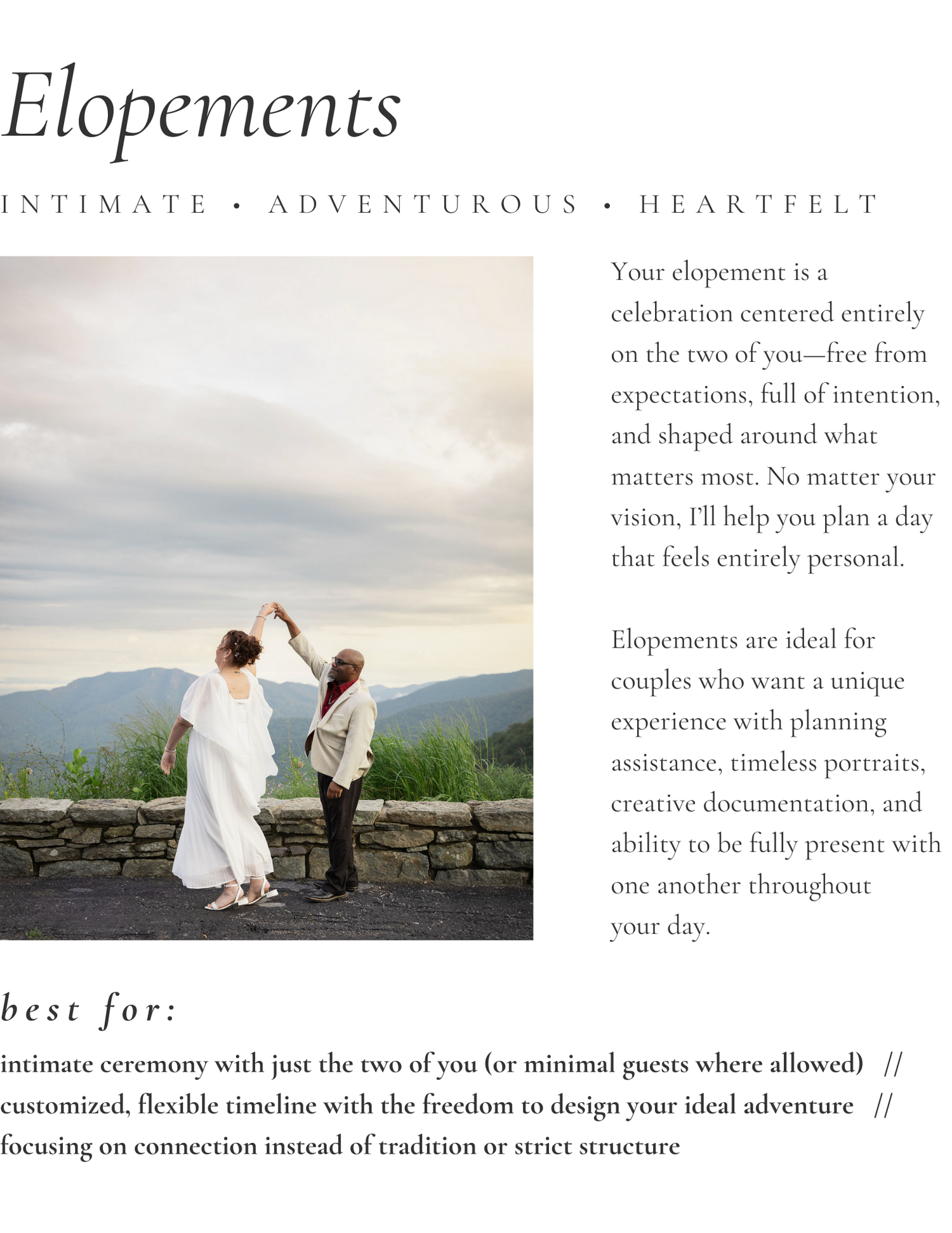 A couple in white attire stands on a mountain overlook during a cloudy sunset for an intimate elopement ceremony.