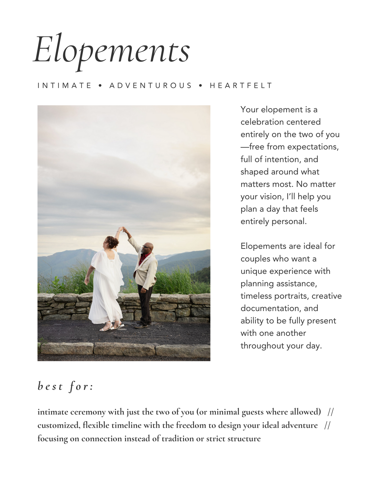 Wedding elopement brochure spread featuring mountain landscape photography and elegant white text layout design.