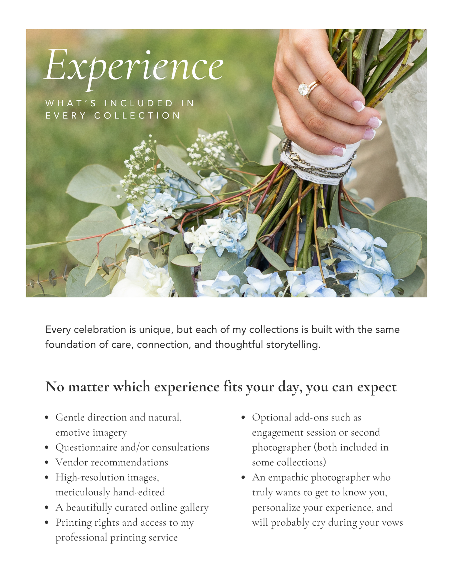 Wedding photography website design showcasing experience details and package information with soft green floral elements.