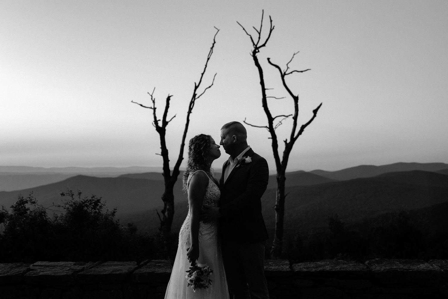 Black and white wedding photo of bride and groom silhouetted against mountain sunset with bare trees.