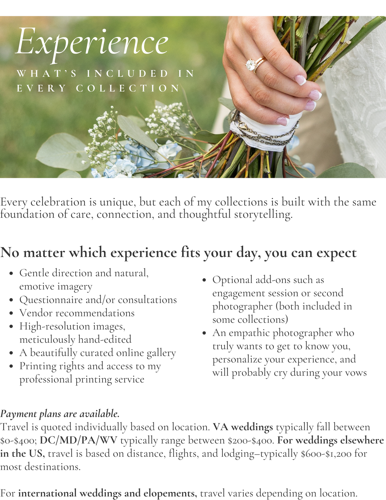 Professional wedding photography pricing guide and package details displayed on elegant green and white layout.