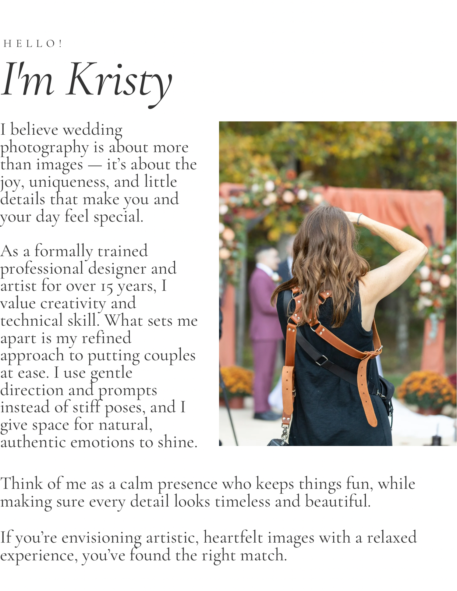 Wedding photographer Kristy smiles outdoors at a venue, wearing a black outfit with a brown leather backpack.