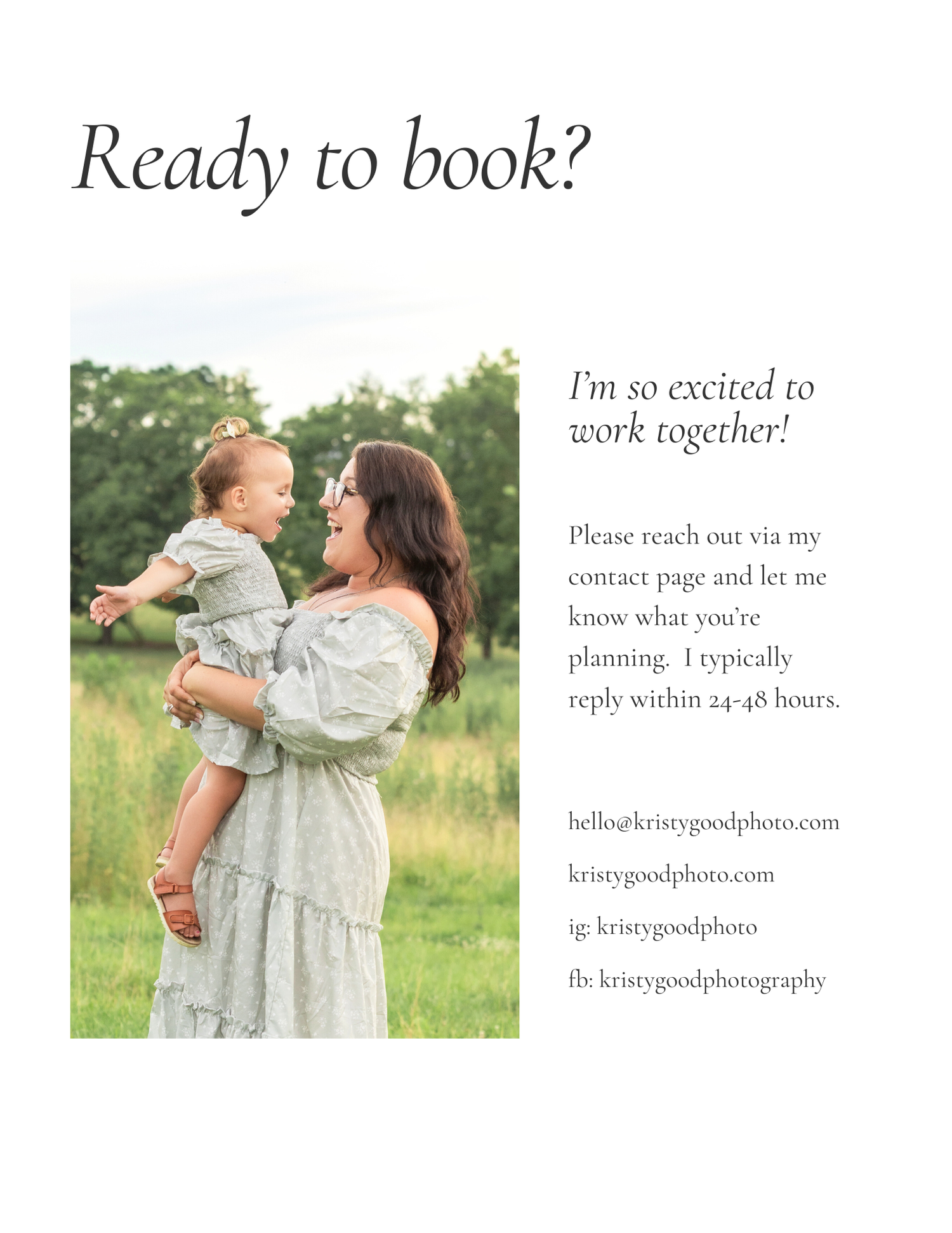 A mother in a floral dress joyfully lifts her toddler outdoors, featured on a photography booking page.