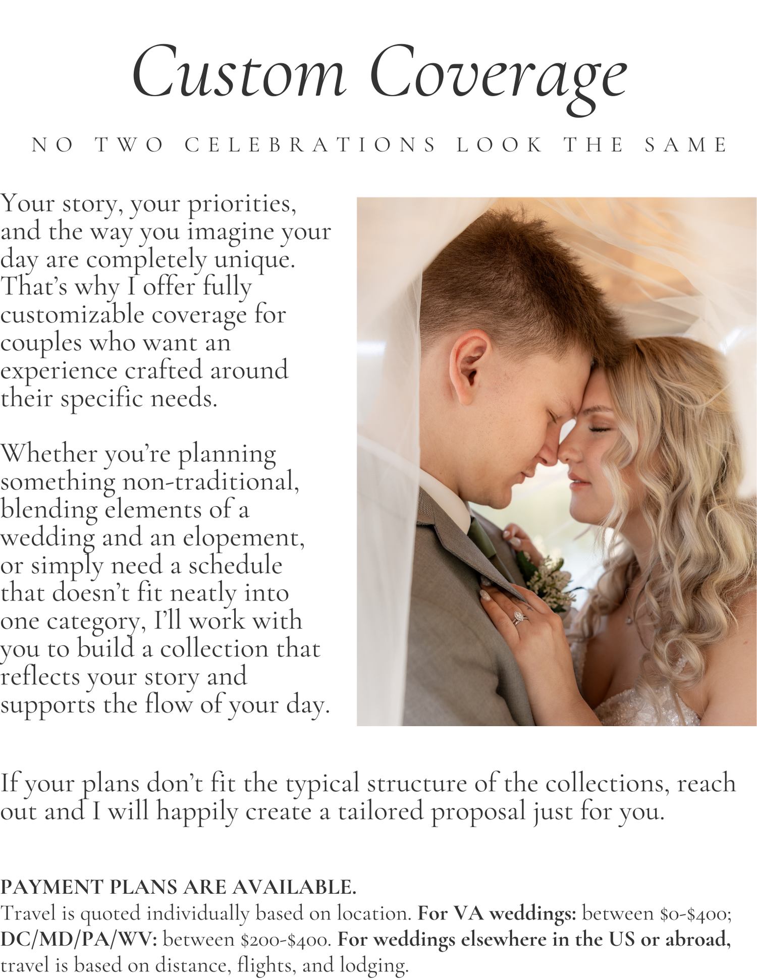 Custom wedding photography coverage page featuring a romantic couple embracing outdoors with customizable packages and payment plans.
