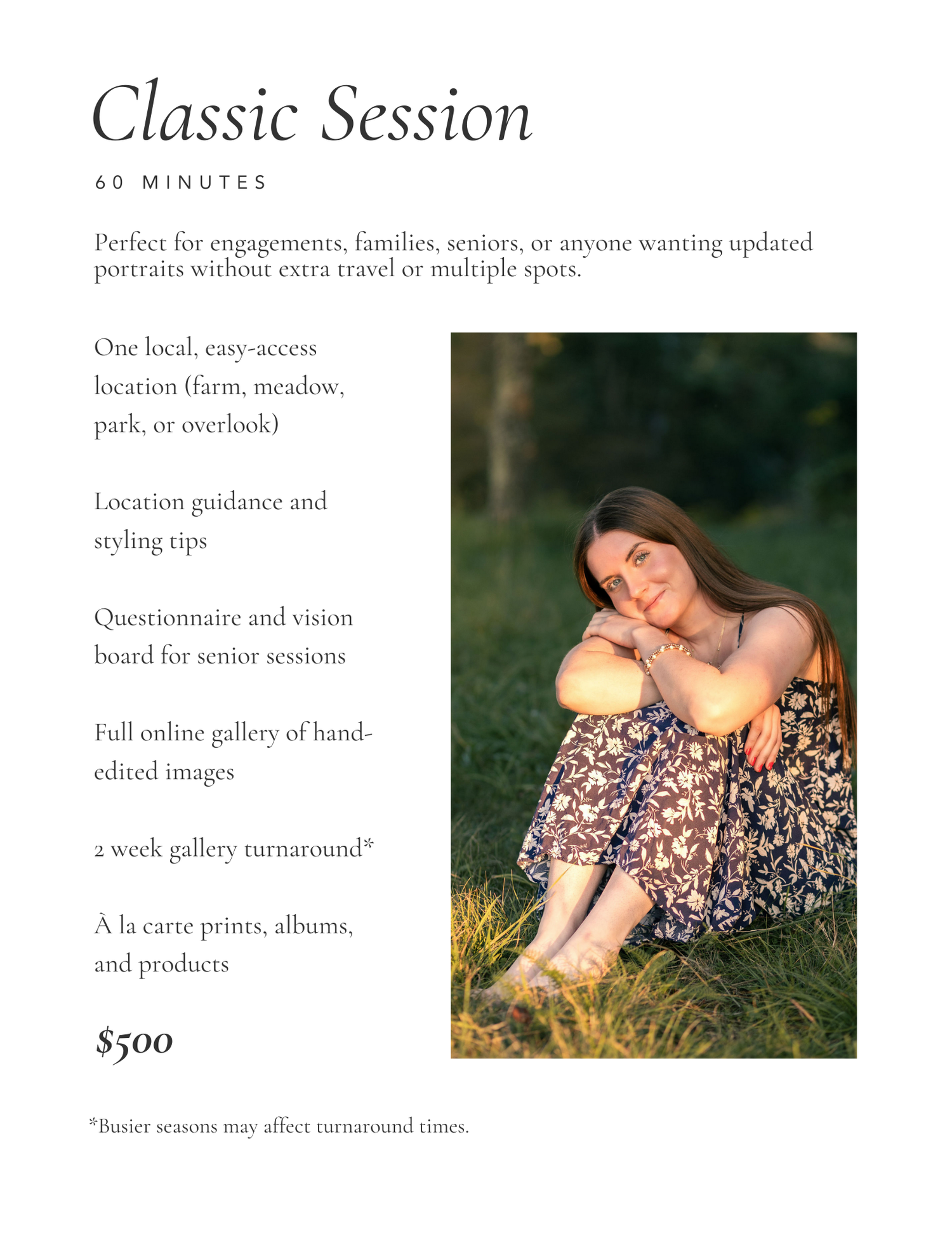 A photography session pricing menu displays details for a Classic Session package with a floral dress photo example.