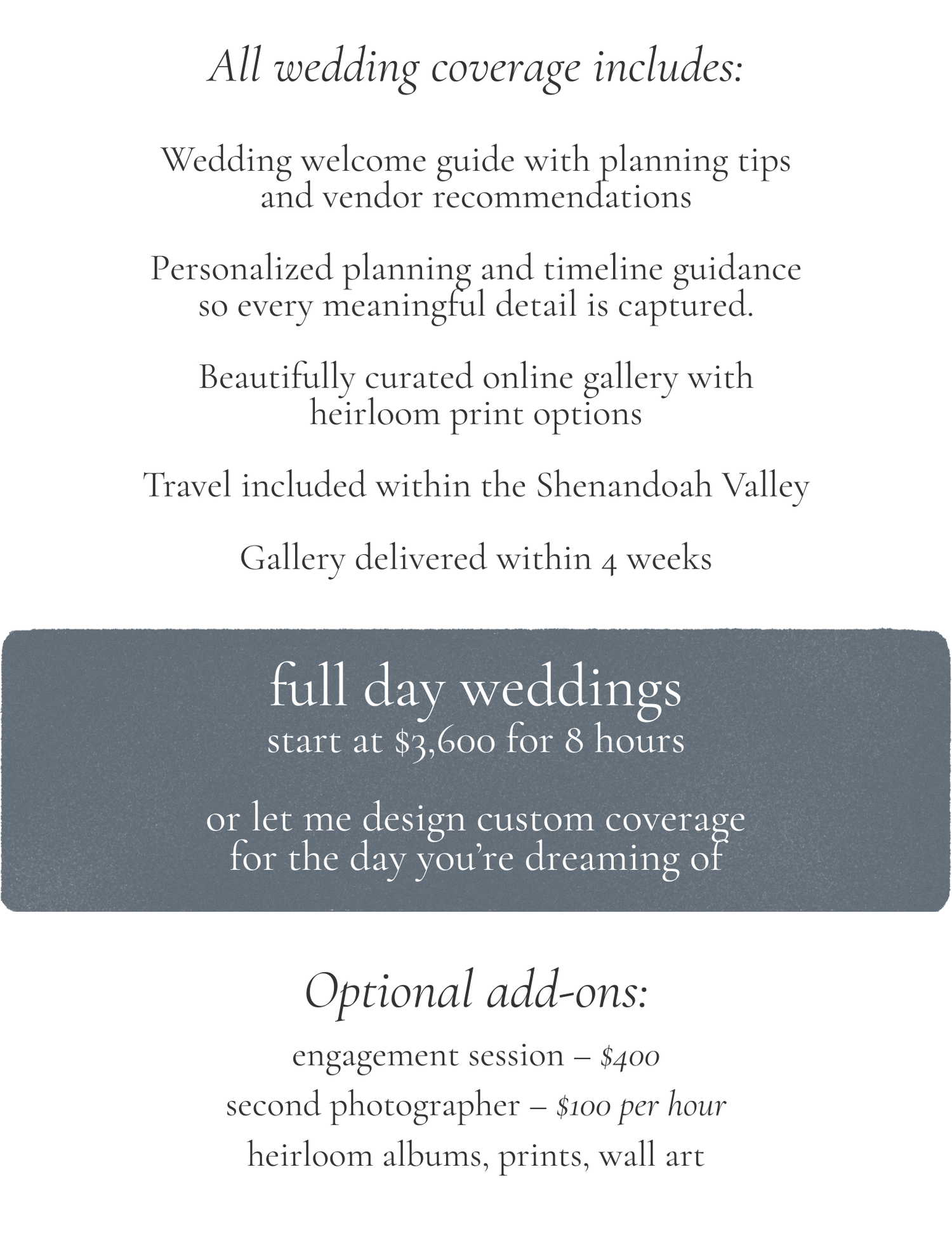 Wedding photography pricing guide showing full day coverage starting at $3,600 for 8 hours in Shenandoah Valley.
