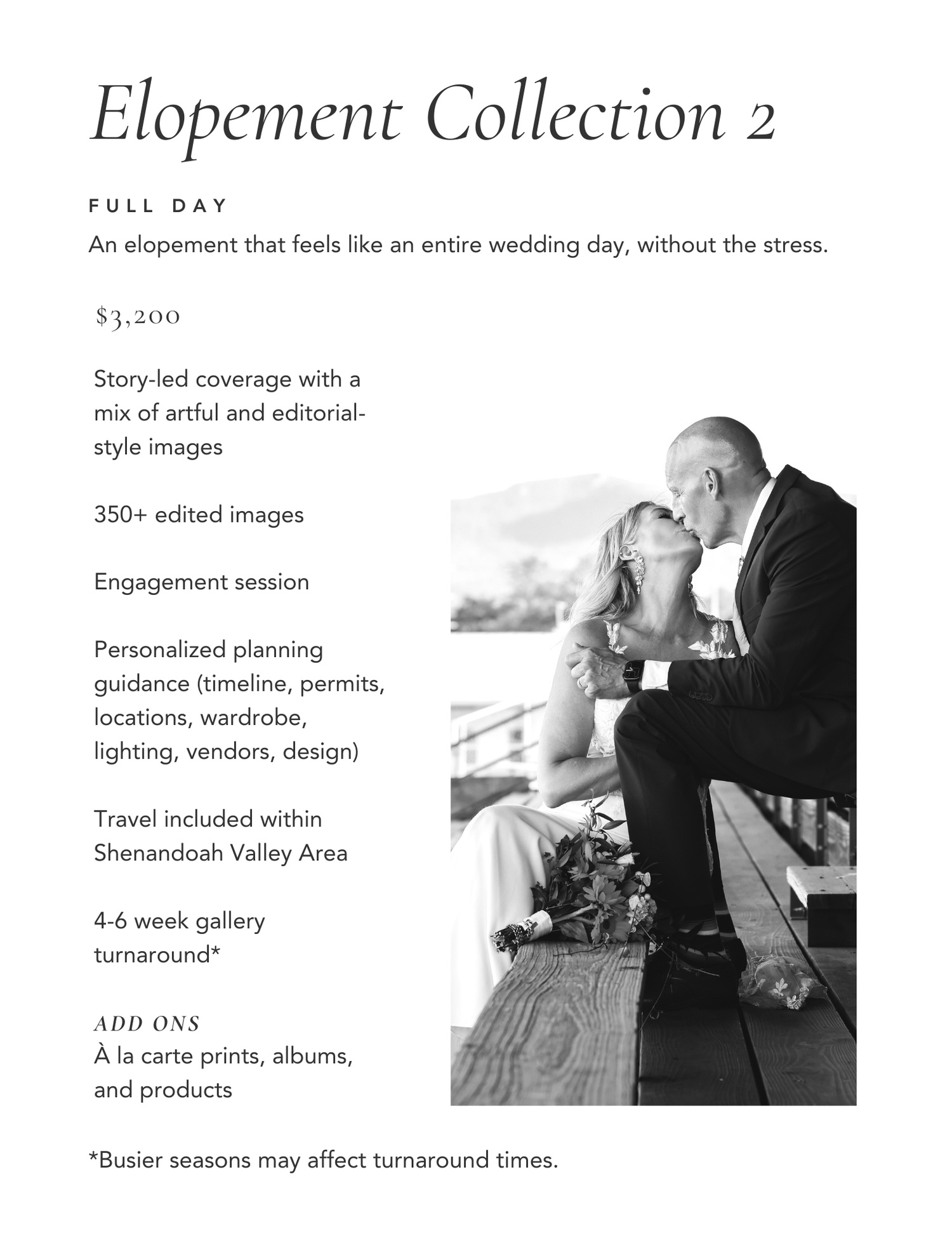 A black and white wedding photography package advertisement showcasing pricing details and sample images.