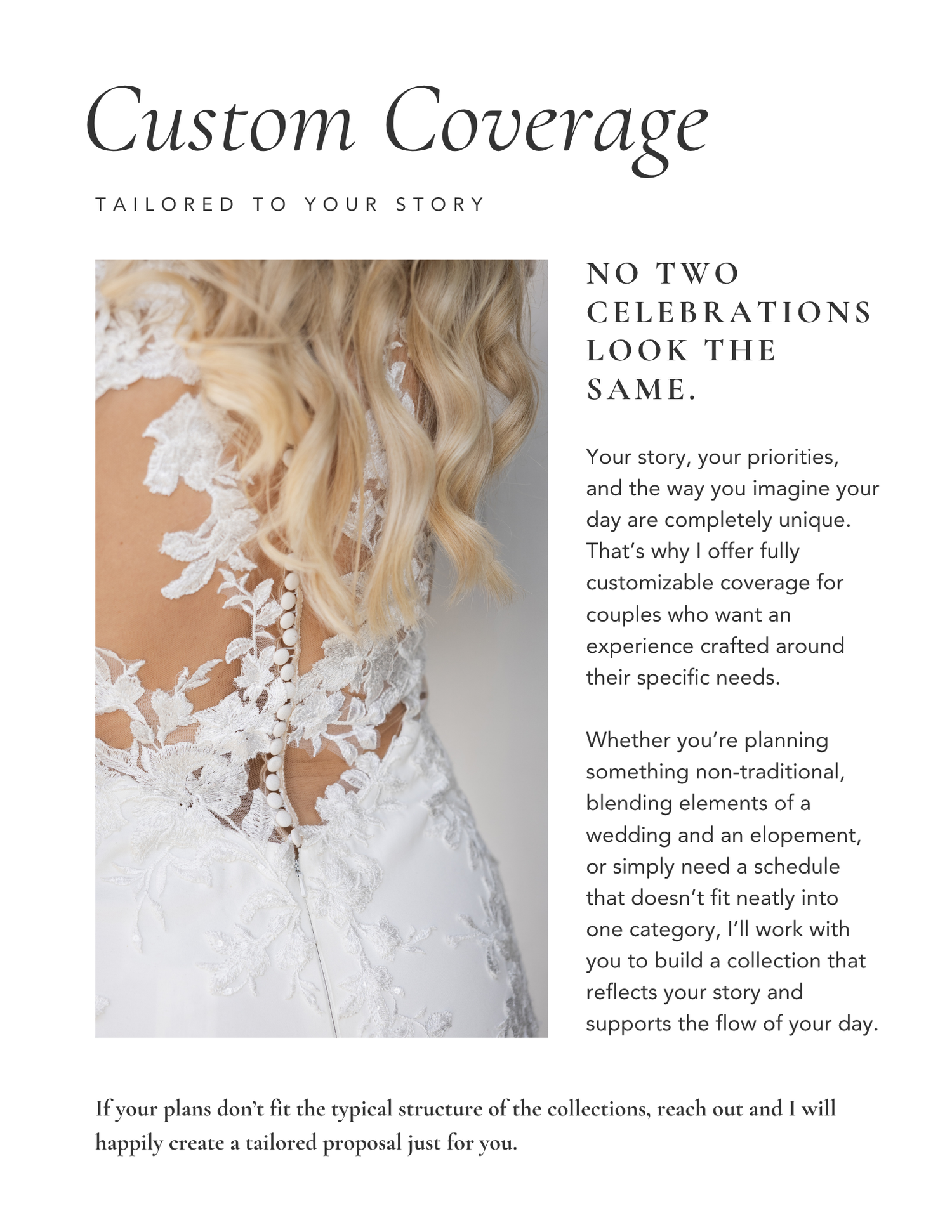 A series of elegant wedding photography marketing slides showcasing custom coverage and personalized service options.
