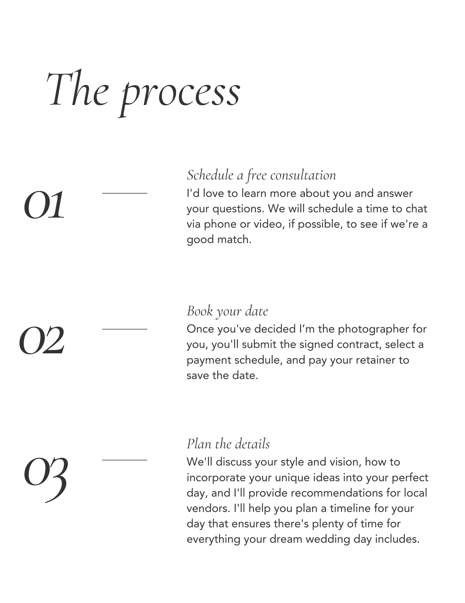 A wedding planning process outline showing three numbered steps for consultation, booking, and detail planning.