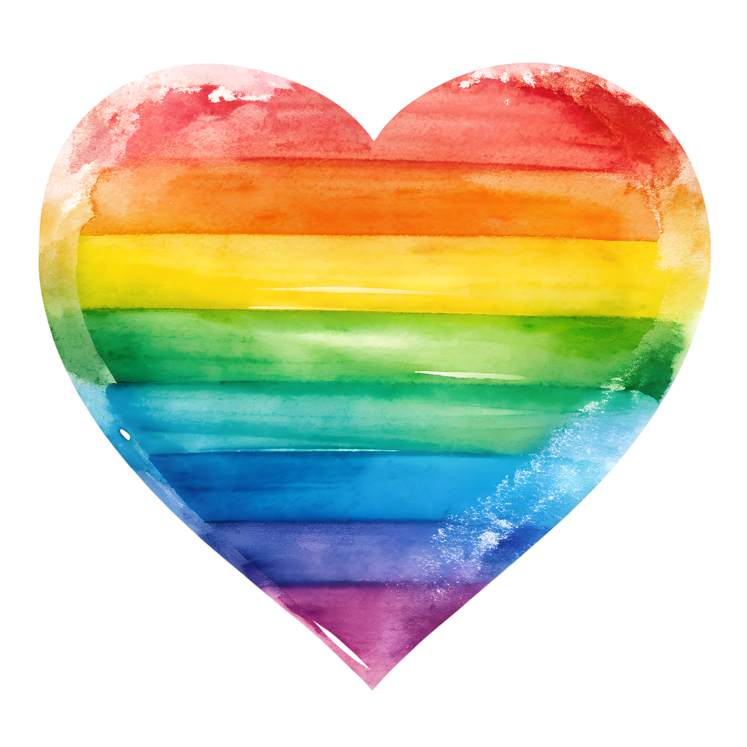 A series of heart shapes painted in watercolor progress from red to violet showing a rainbow pride color spectrum.