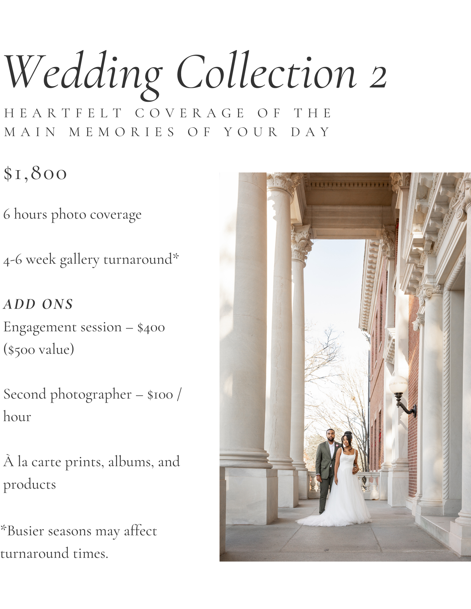 A wedding photography package pricing list displayed next to an elegant architectural photo with white columns.