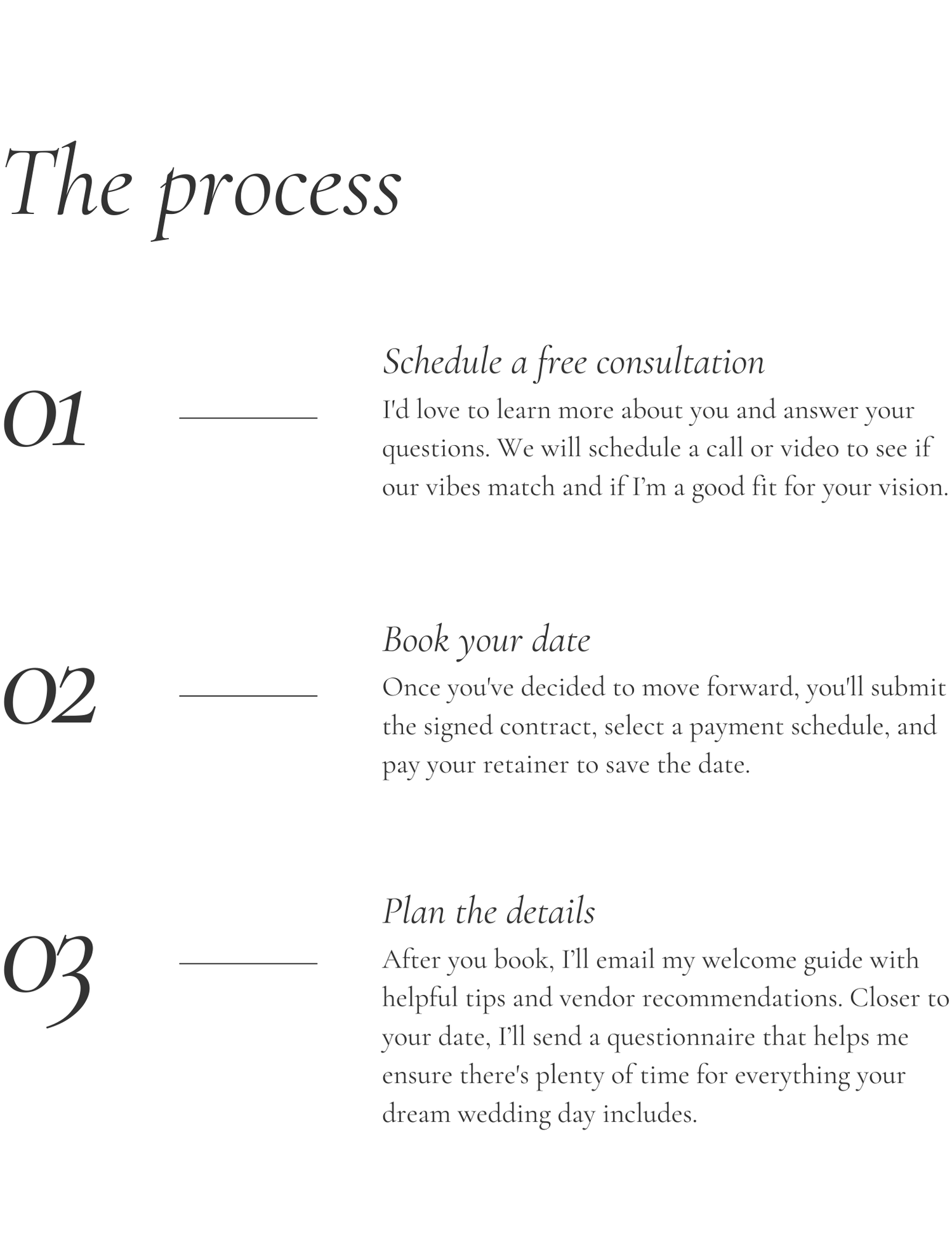 A three-step wedding photography booking process guide outlining consultation, date booking, and planning details steps.