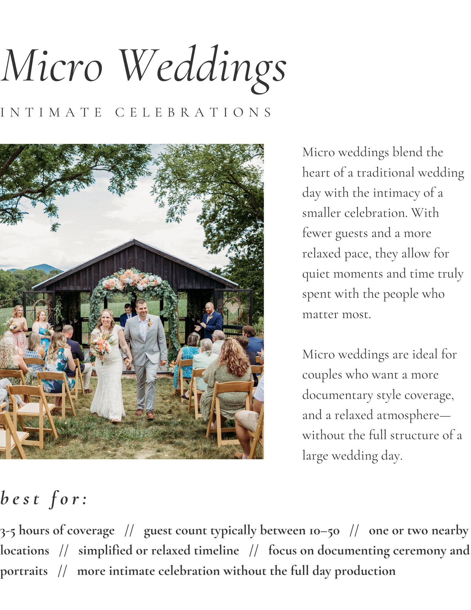 A collage of outdoor micro wedding scenes showing intimate ceremonies, garden settings and small gatherings under natural light.
