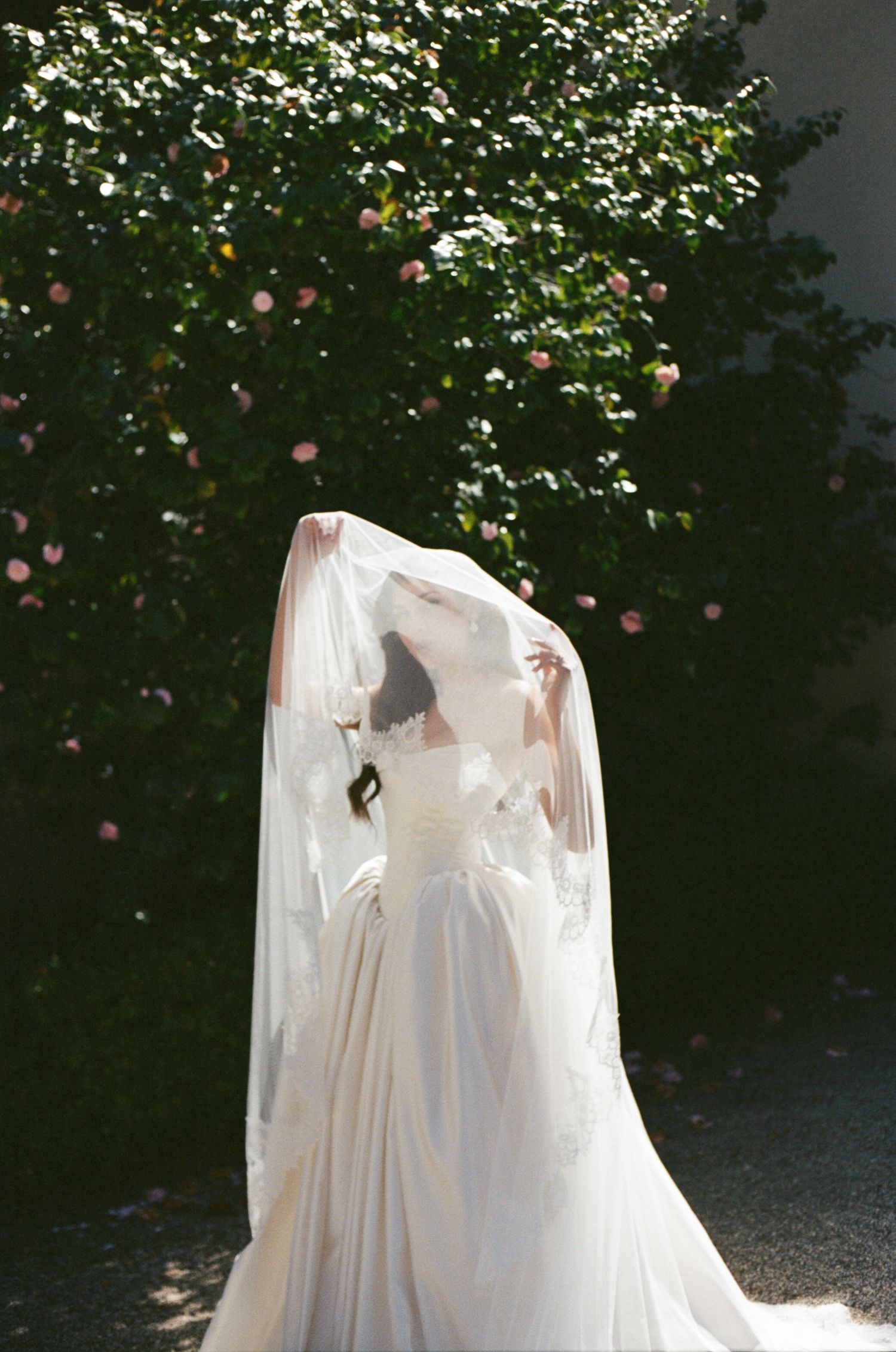 A white wedding dress and veil silhouetted against a garden backdrop with blooming flowers and dappled sunlight.