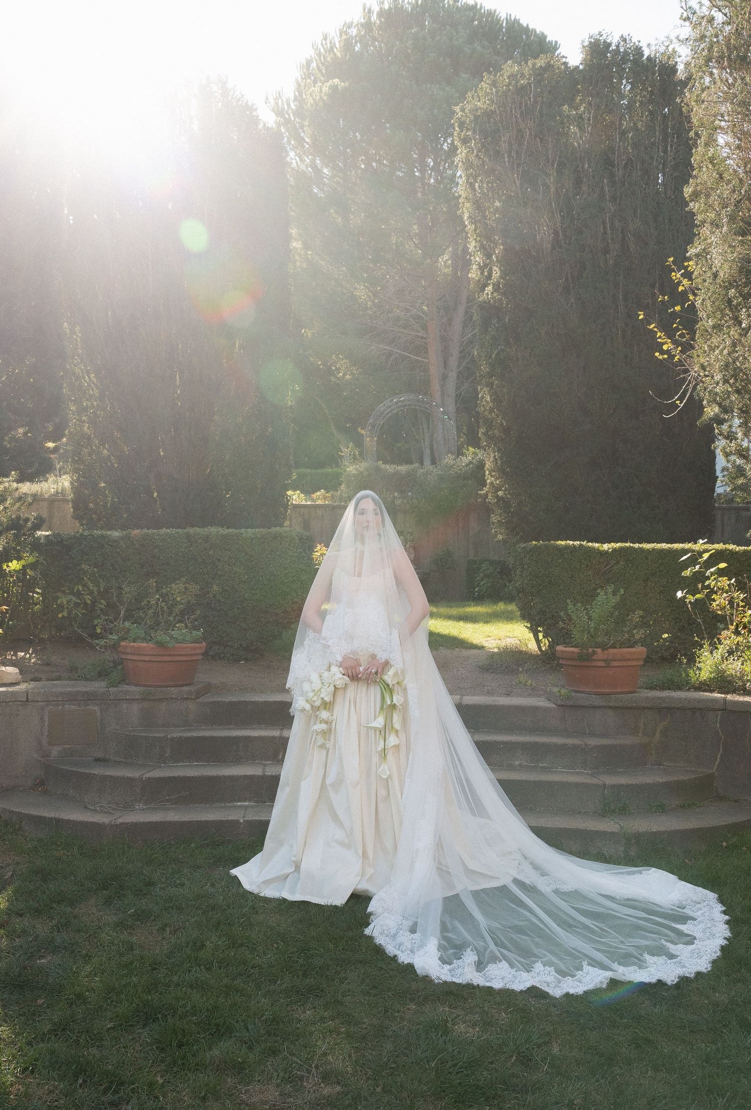A flowing white wedding dress with cathedral veil creates an ethereal silhouette in a sunlit garden setting.