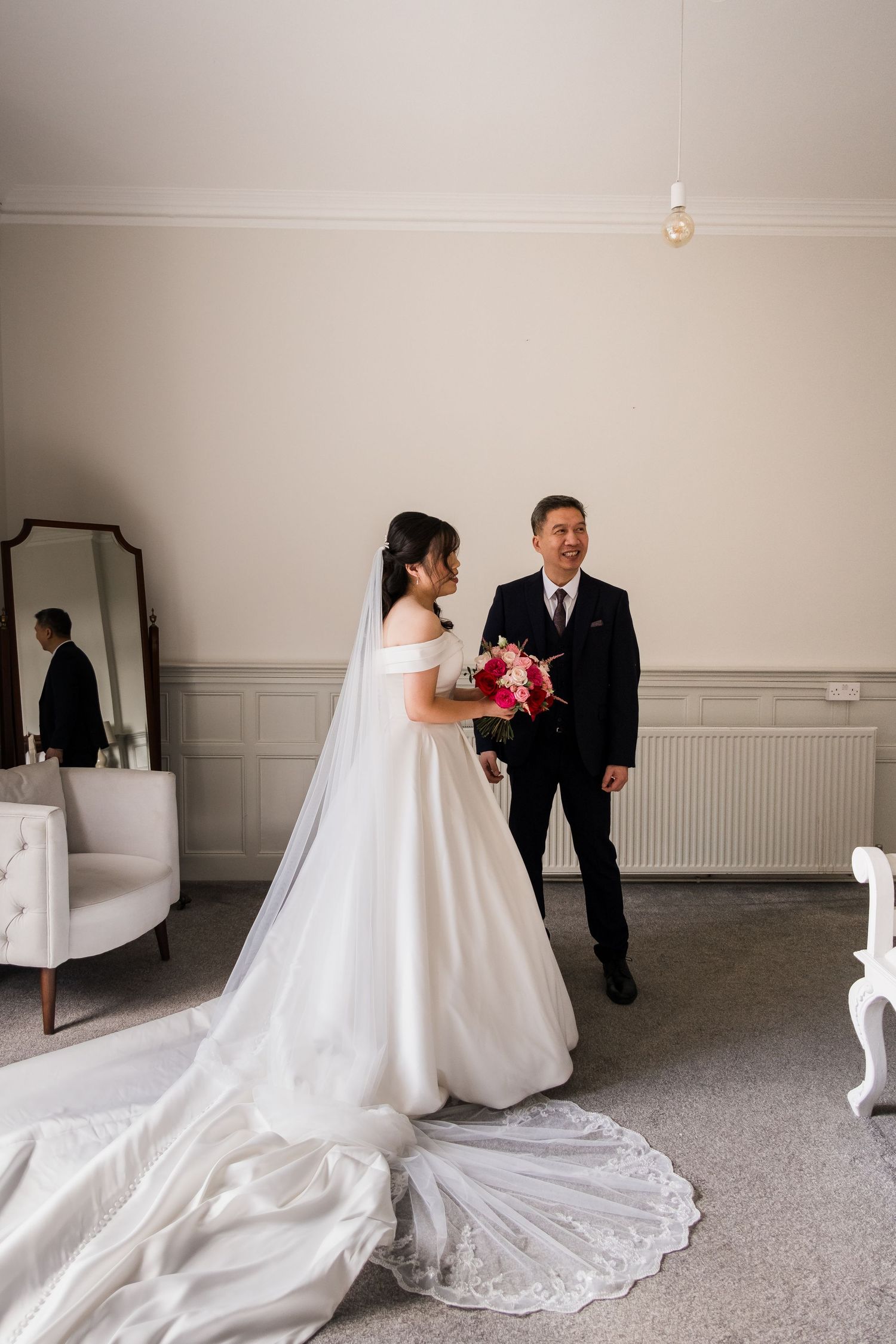 A sequence of wedding photos showing the bride's white dress train flowing across a light carpeted floor.