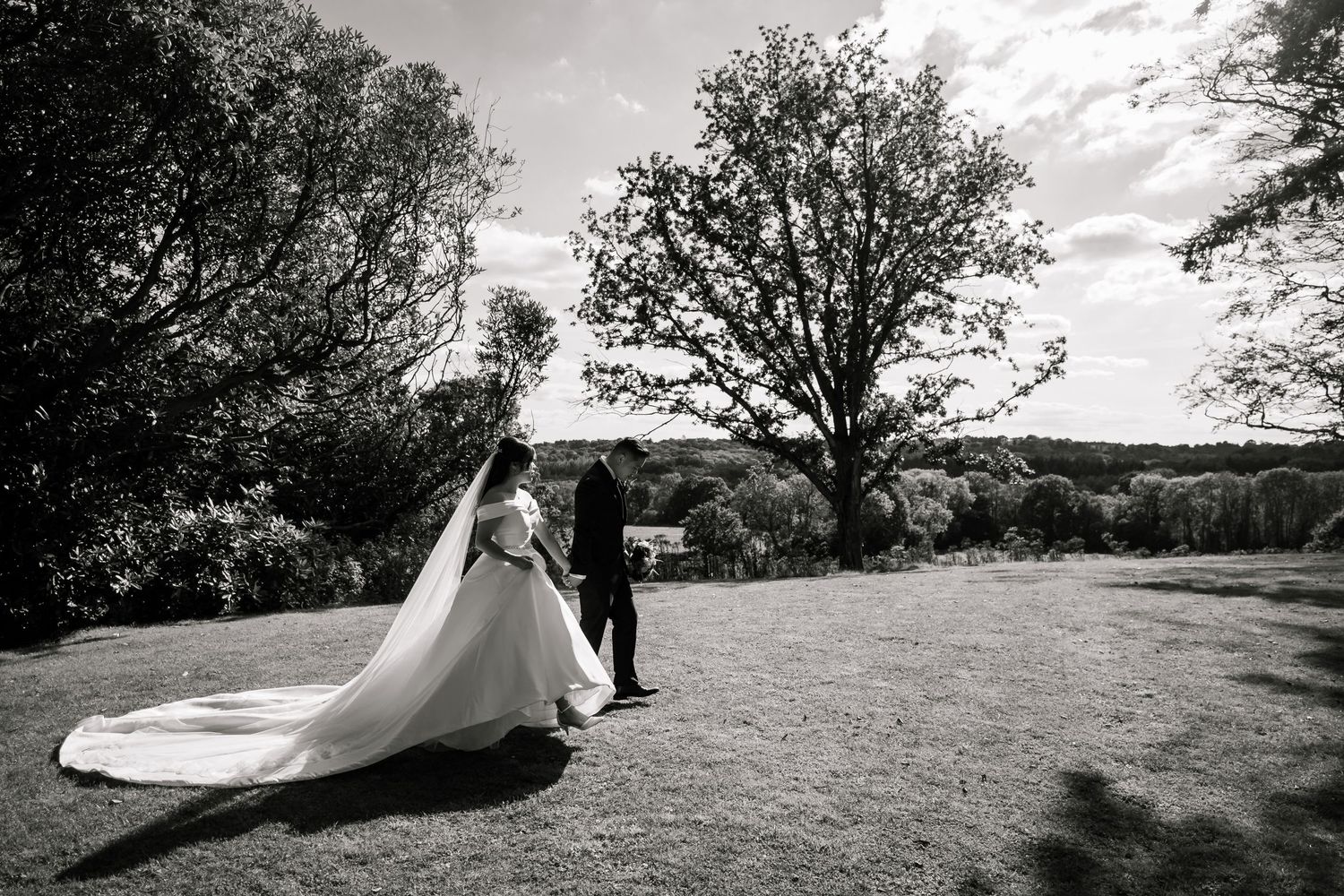 A dramatic black and white wedding photo series showing a flowing dress and veil against a scenic outdoor landscape.
