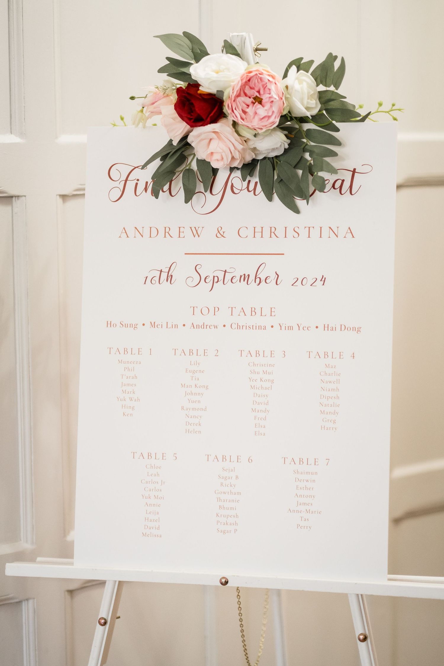 Elegant wedding seating chart with pink and white roses and eucalyptus displayed on white easel for September event.