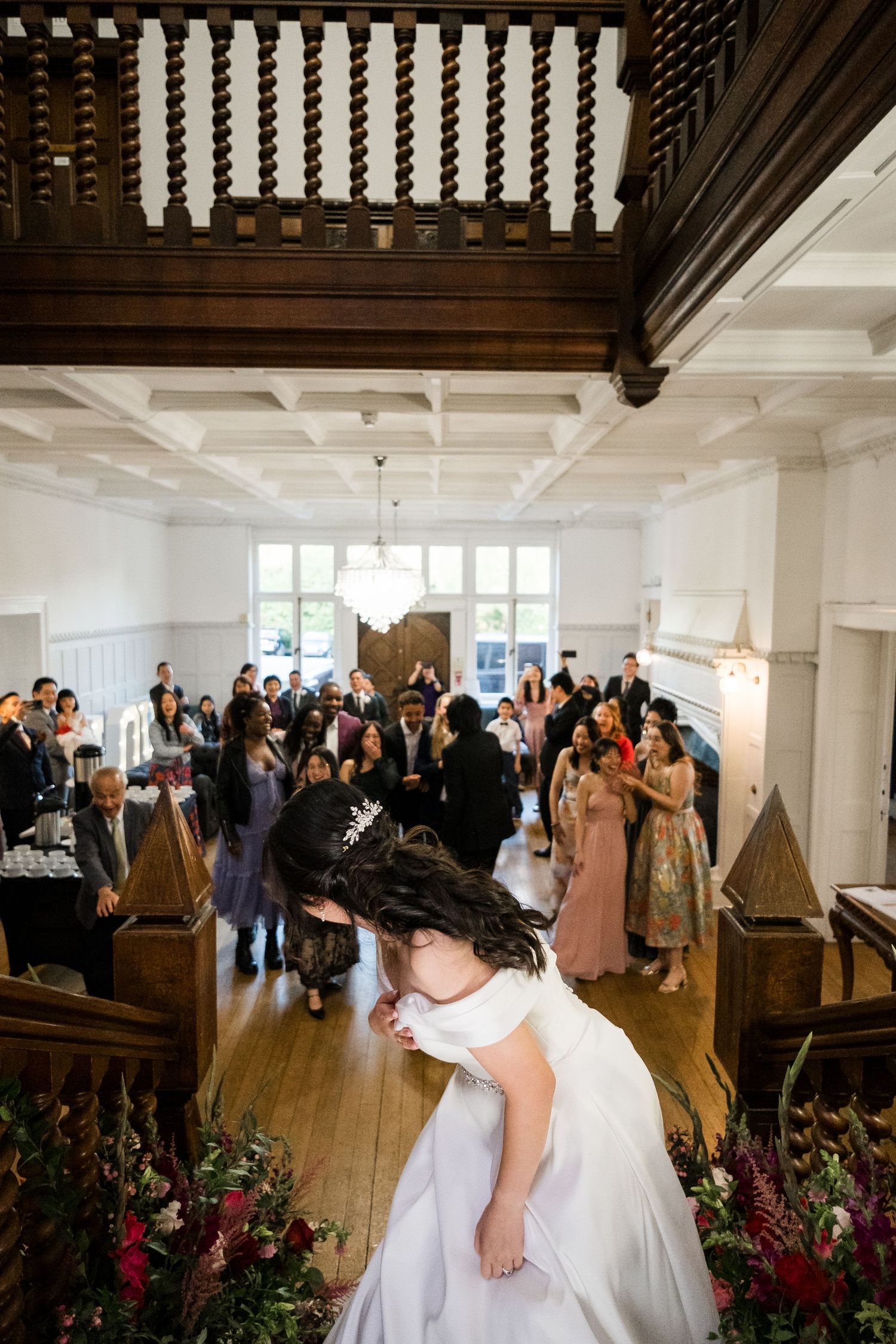A sequence of wedding ceremony moments showing guests in a church pew and a couple at the altar with floral decorations.