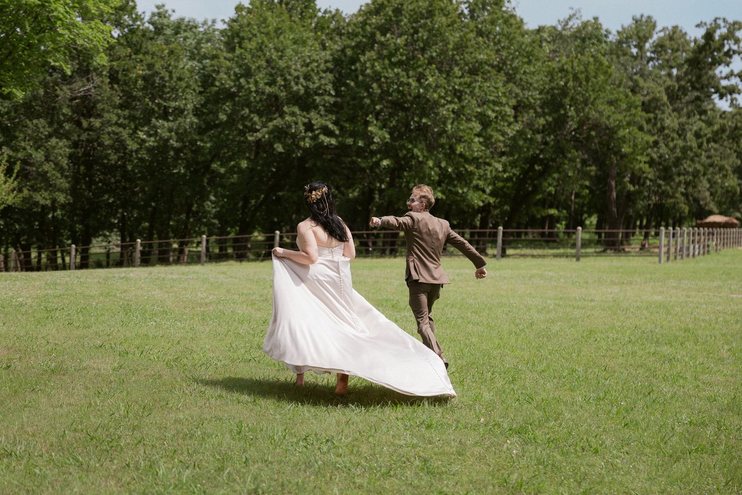 A series of candid wedding moments captured in a green outdoor park setting with natural lighting.