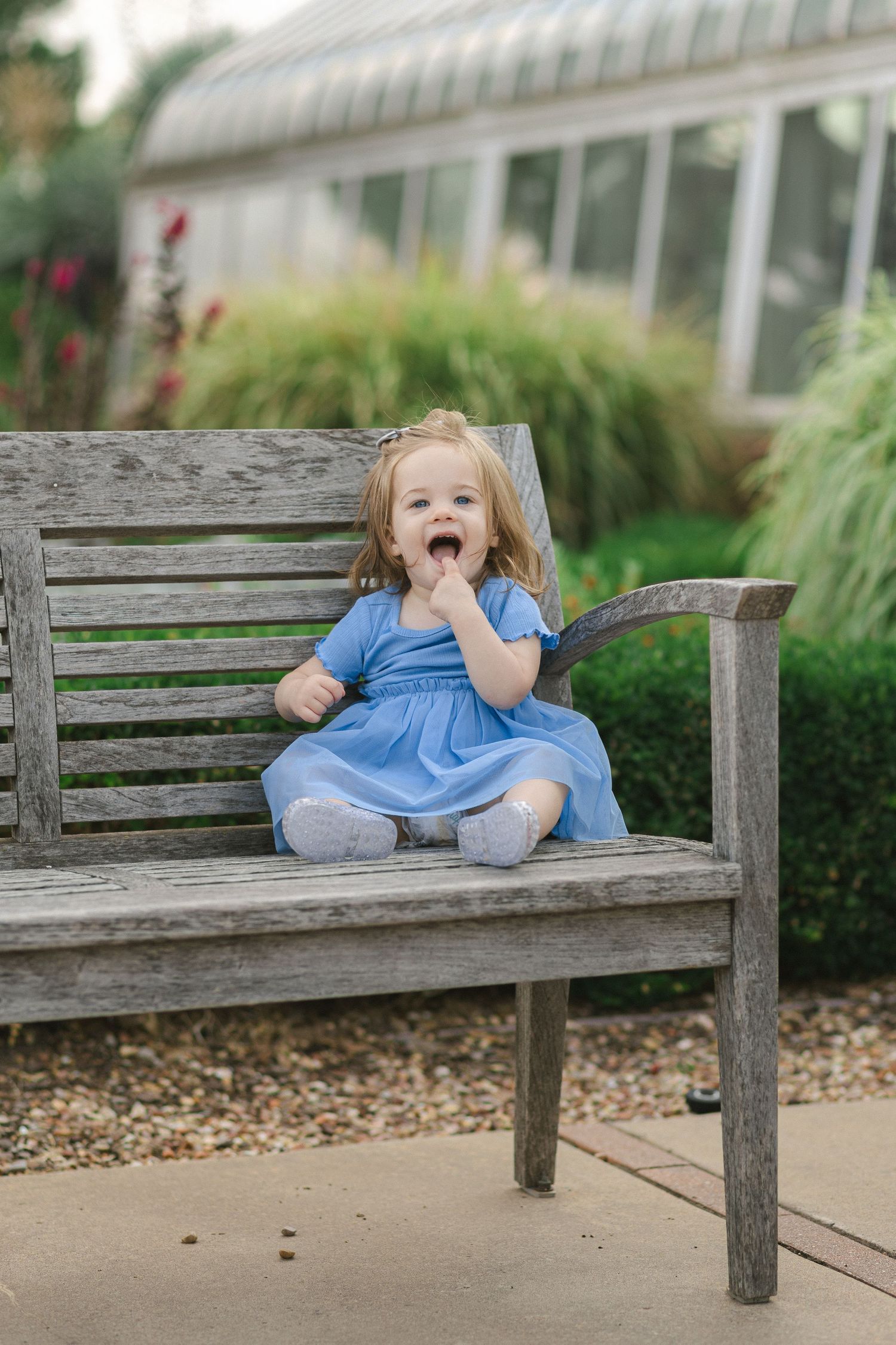 A small child in a blue dress sits laughing on a wooden bench near a greenhouse.