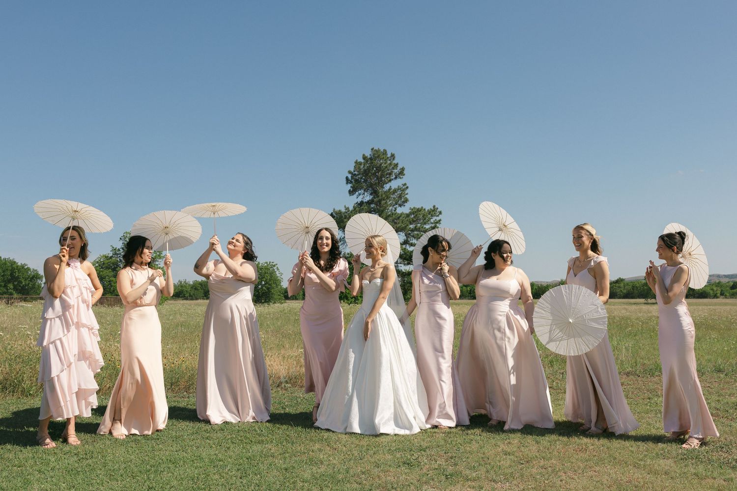 Bride and bridesmaids in blush pink dresses holding white parasols in a sunny green field.