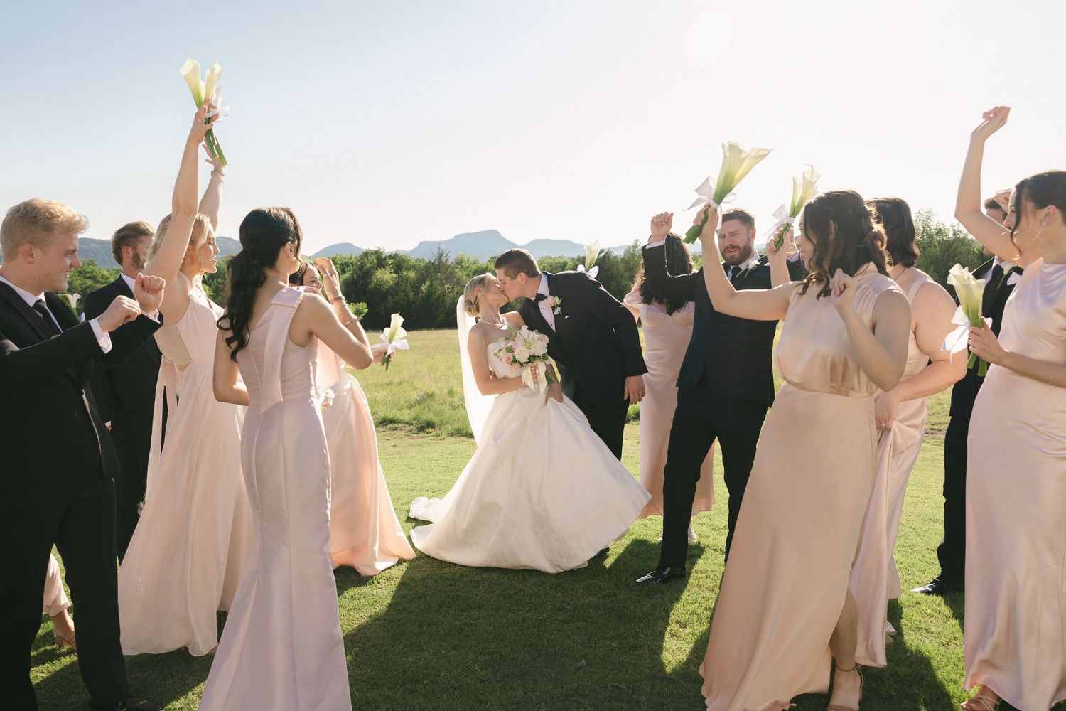 Bride and groom kiss surrounded by cheering wedding party in blush gowns and black suits on a green lawn.