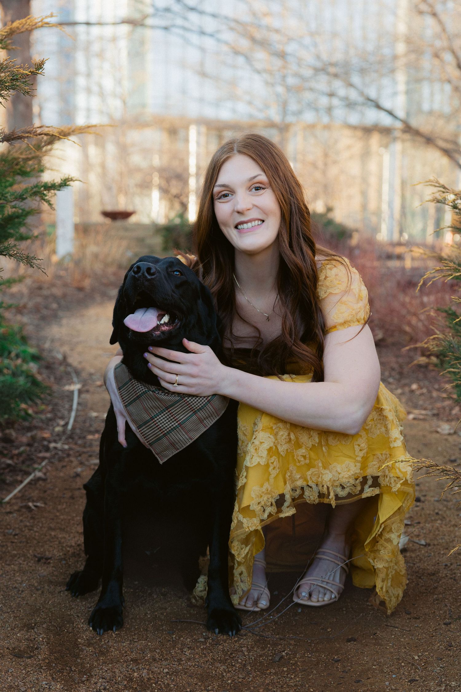 Person in yellow dress kneels with happy black Labrador dog during outdoor photo session.