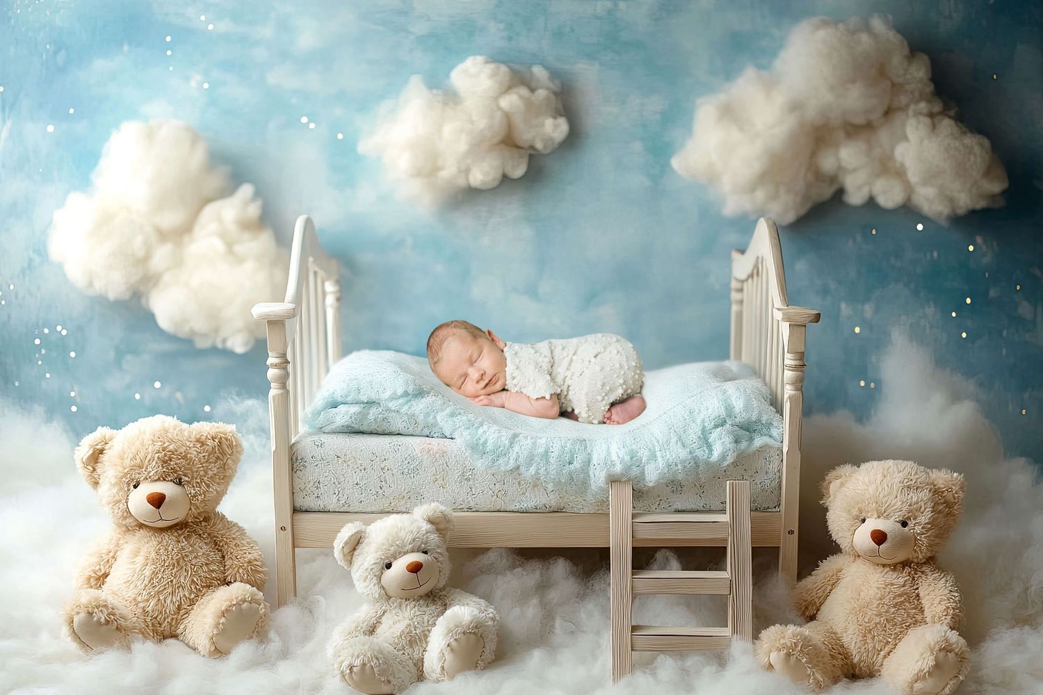Newborn baby sleeping peacefully on a white bed surrounded by teddy bears and fluffy clouds in a dreamy blue nursery.