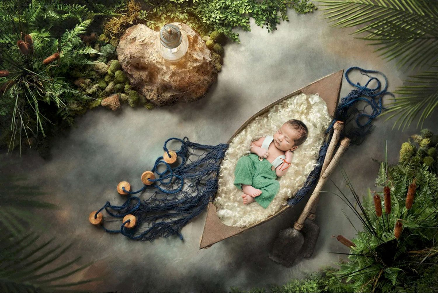 Newborn baby sleeping peacefully in a tiny wooden boat surrounded by lush greenery, fishing net, and a lantern in a dreamy scene.