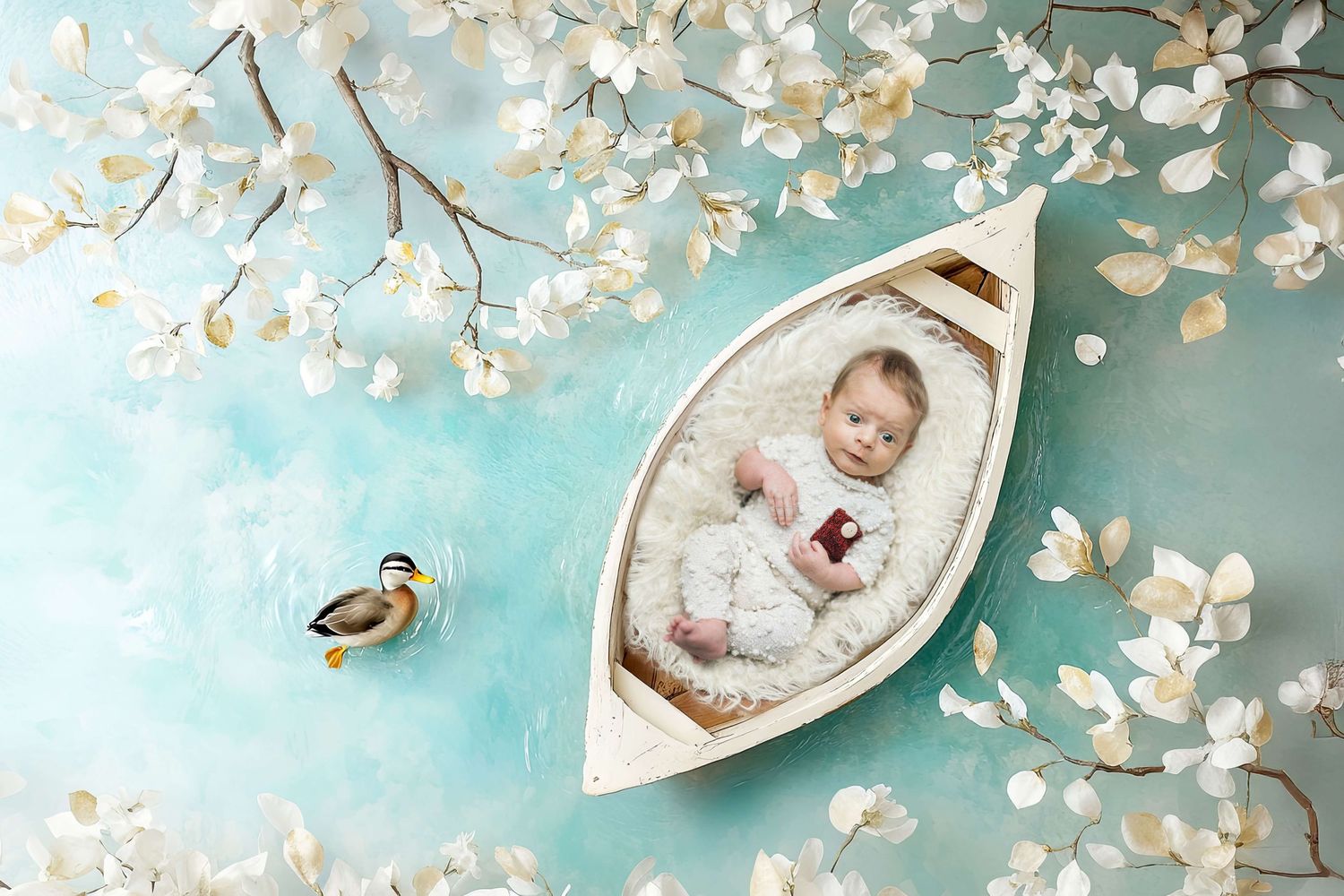 Newborn baby sleeping in a white wooden boat surrounded by white blossoms and a duck on a teal background.