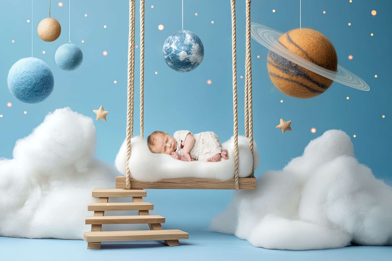 Baby sleeping peacefully on a swing surrounded by clouds, planets, and stars in a dreamy blue nursery setting.