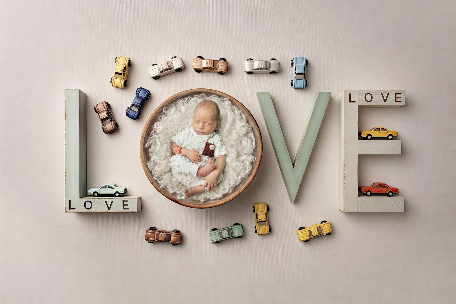 Newborn baby sleeping in a wooden bowl surrounded by toy cars and LOVE letters in a styled photo.