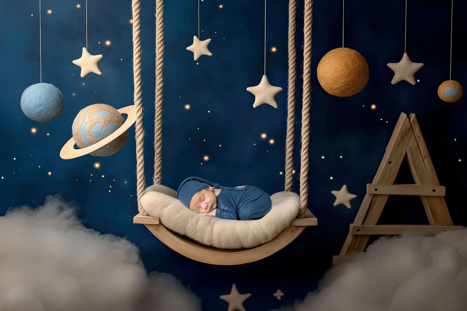 Newborn baby sleeping on a rope swing with planets and stars in a dreamy space-themed nursery backdrop.