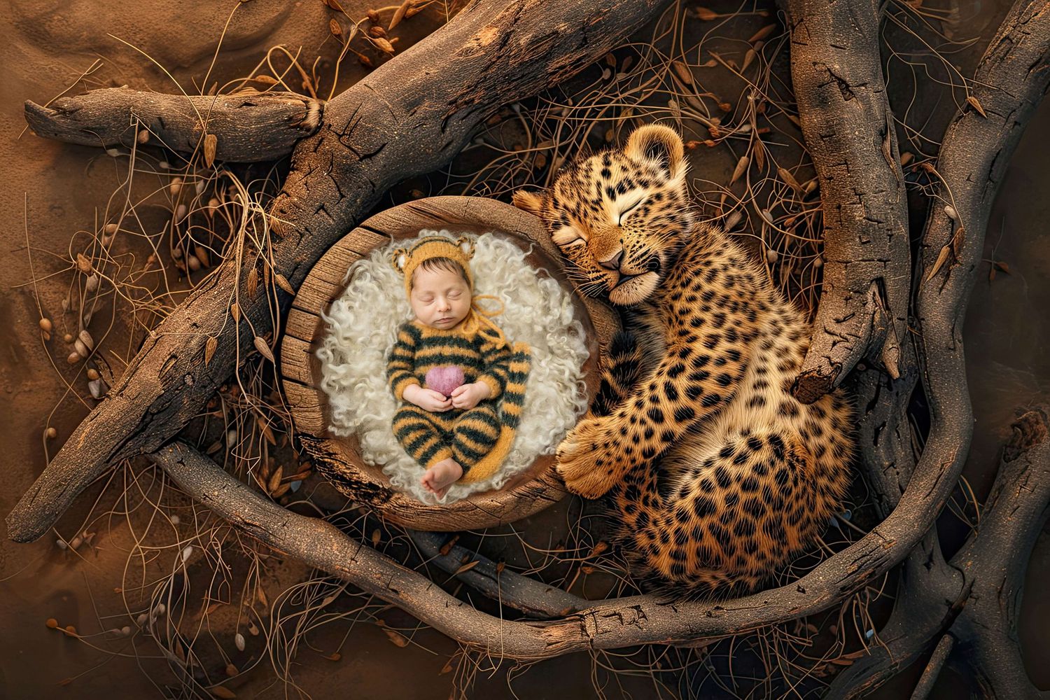 A newborn baby in striped outfit sleeps in wooden bowl beside a leopard cub among twisted roots.