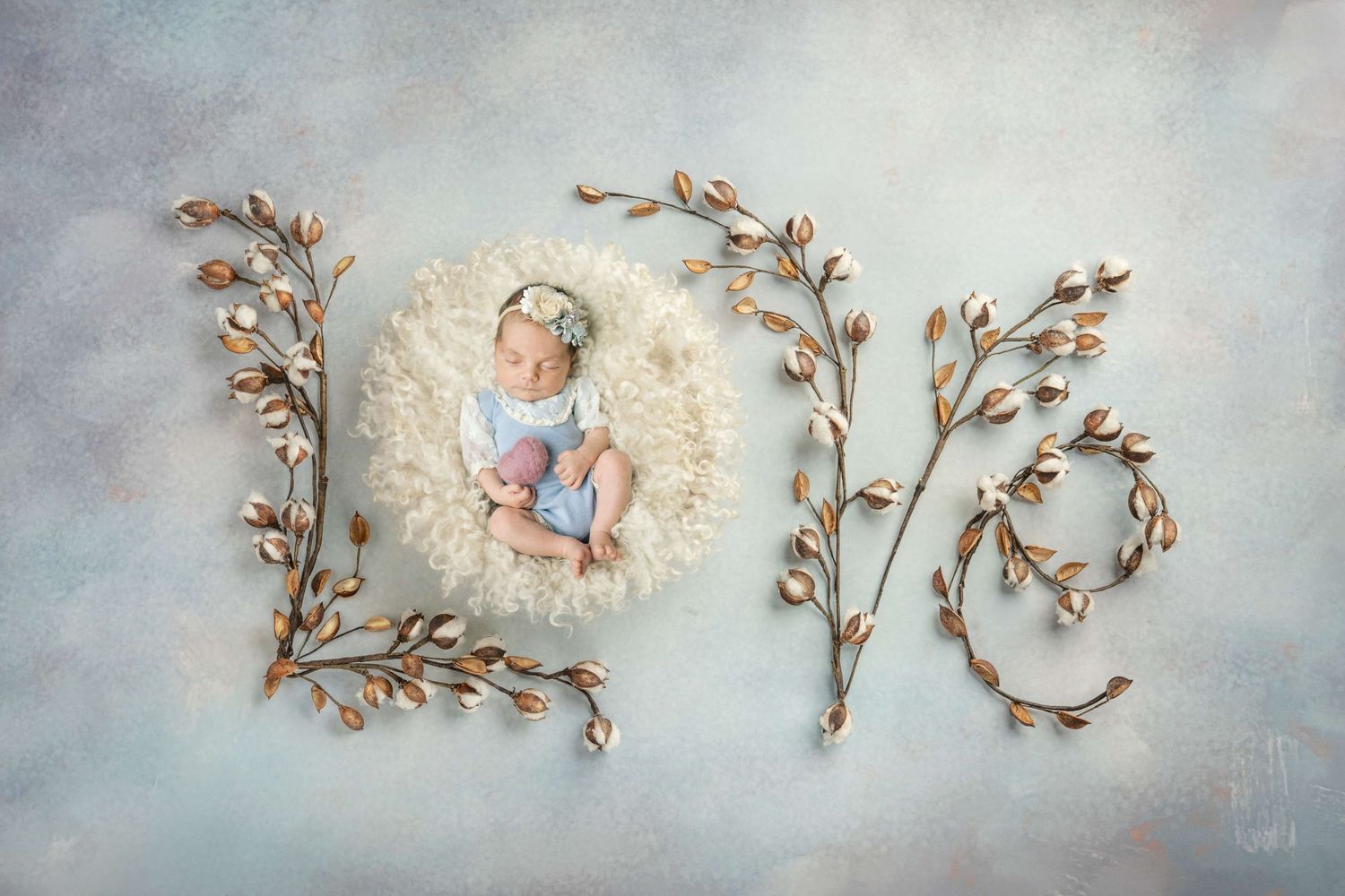 Newborn baby sleeping in fluffy basket surrounded by golden branches spelling LOVE on soft blue background.