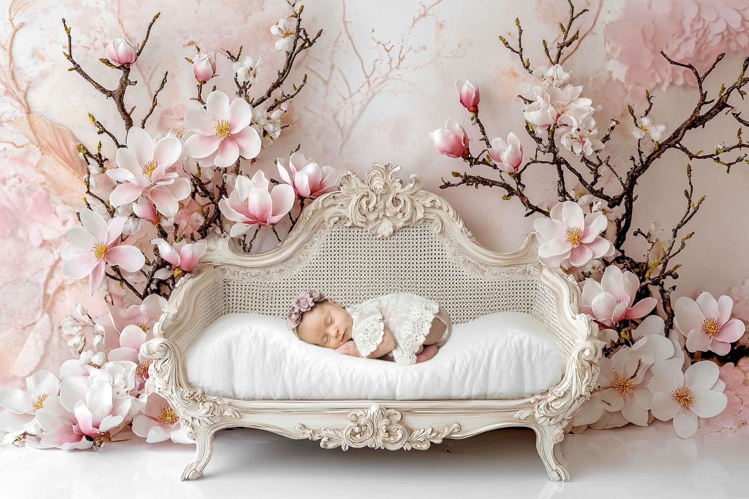 Newborn baby sleeping on ornate white vintage sofa surrounded by pink magnolia flowers in elegant studio setting.
