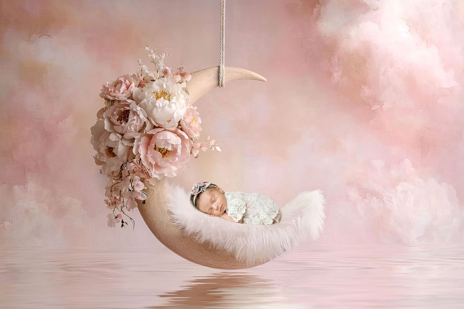 Newborn baby sleeping peacefully on a floral crescent moon swing against a dreamy pink cloudy background.