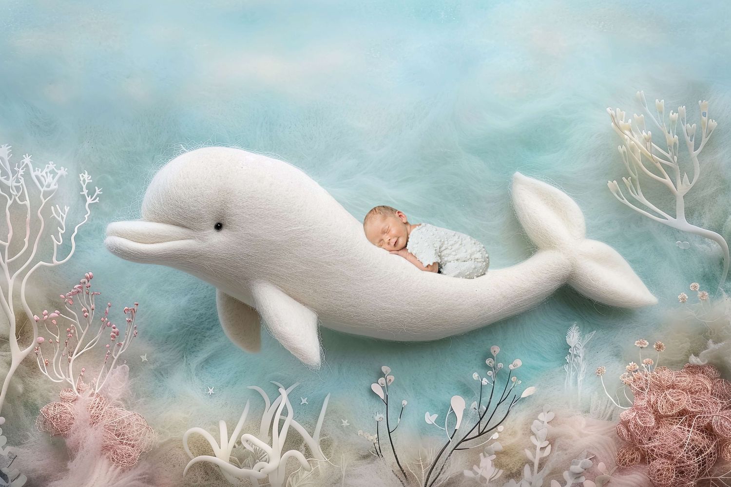 A sleeping baby rests peacefully on a white beluga whale surrounded by soft coral in a dreamy underwater scene.