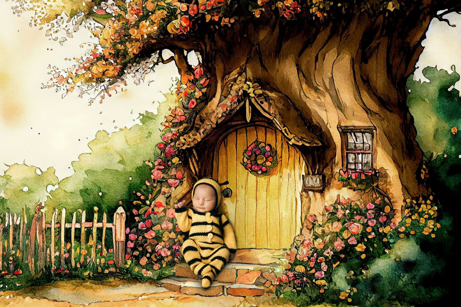 Watercolor illustration of a child in a bee costume sitting by a whimsical tree house door surrounded by colorful flowers.